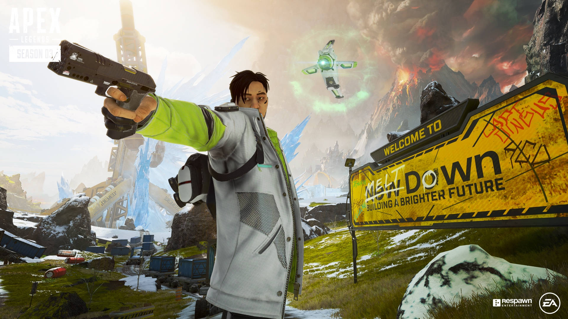 Cool Apex Legends 桌布 壁紙 — 一個穿著未來風格外套的角色在雪地山景中瞄準槍支，旁邊有發光的無人機和一個「Welcome to Melt Down」標誌。