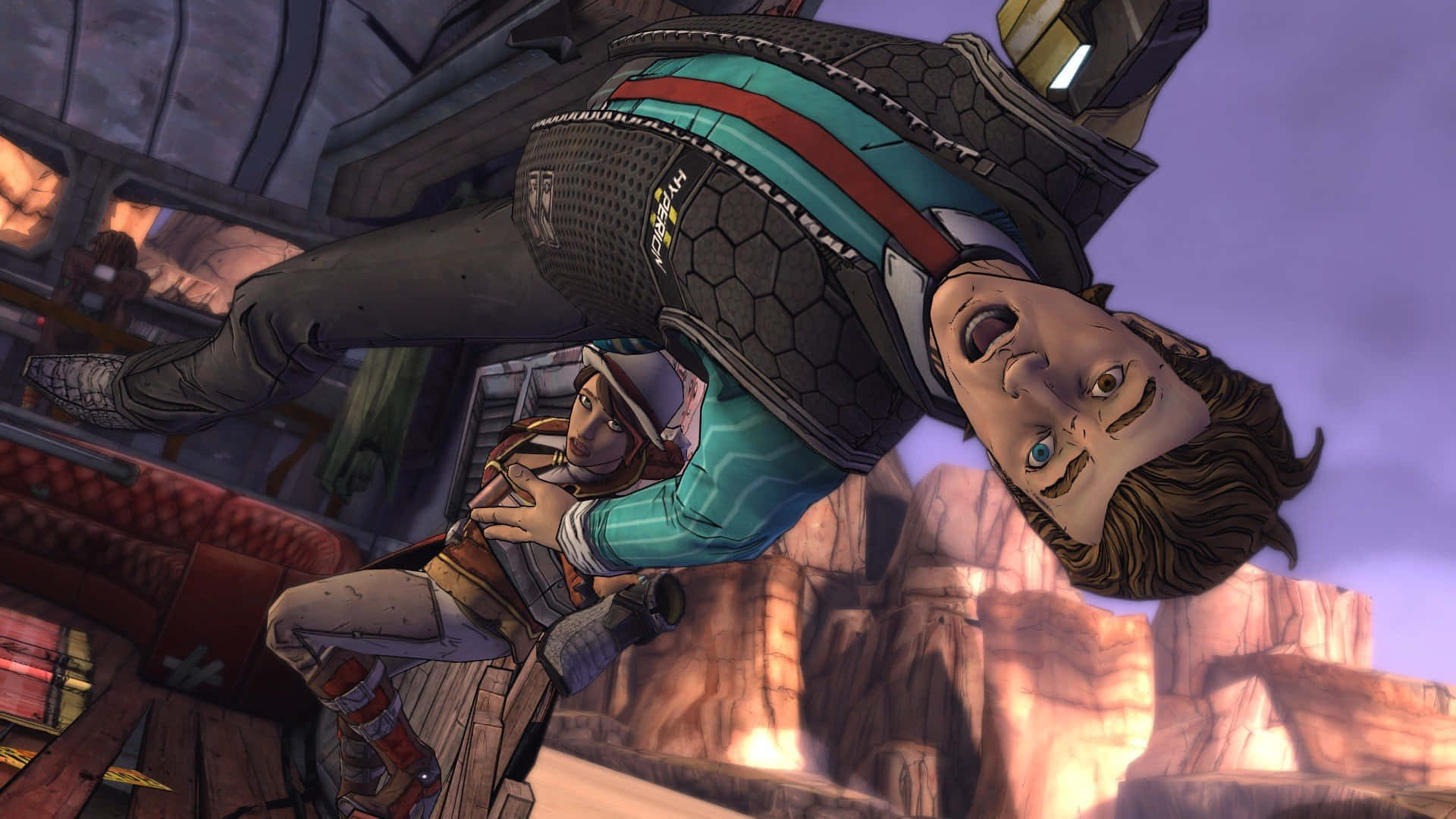 Borderlands 桌布 壁紙 — 一個穿著未來風格套裝的角色在電子遊戲的動態動作場景中被拋向空中。