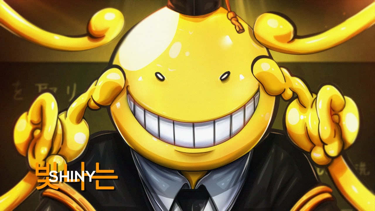 Koro Sensei 桌布 壁紙 — 一個穿著校服、咧嘴大笑、擁有長長麵條般手臂的開朗黃色動漫角色。