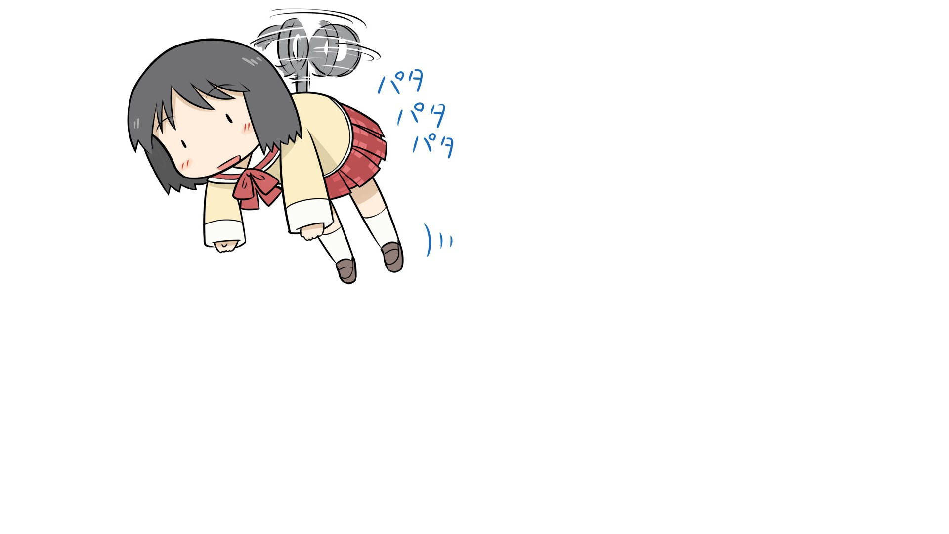 動漫女孩 桌布 壁紙 — 一個穿著校服、疲憊的動漫女孩向前癱倒，頭頂上旋轉的風扇發出「啪啪啪啪」的音效。