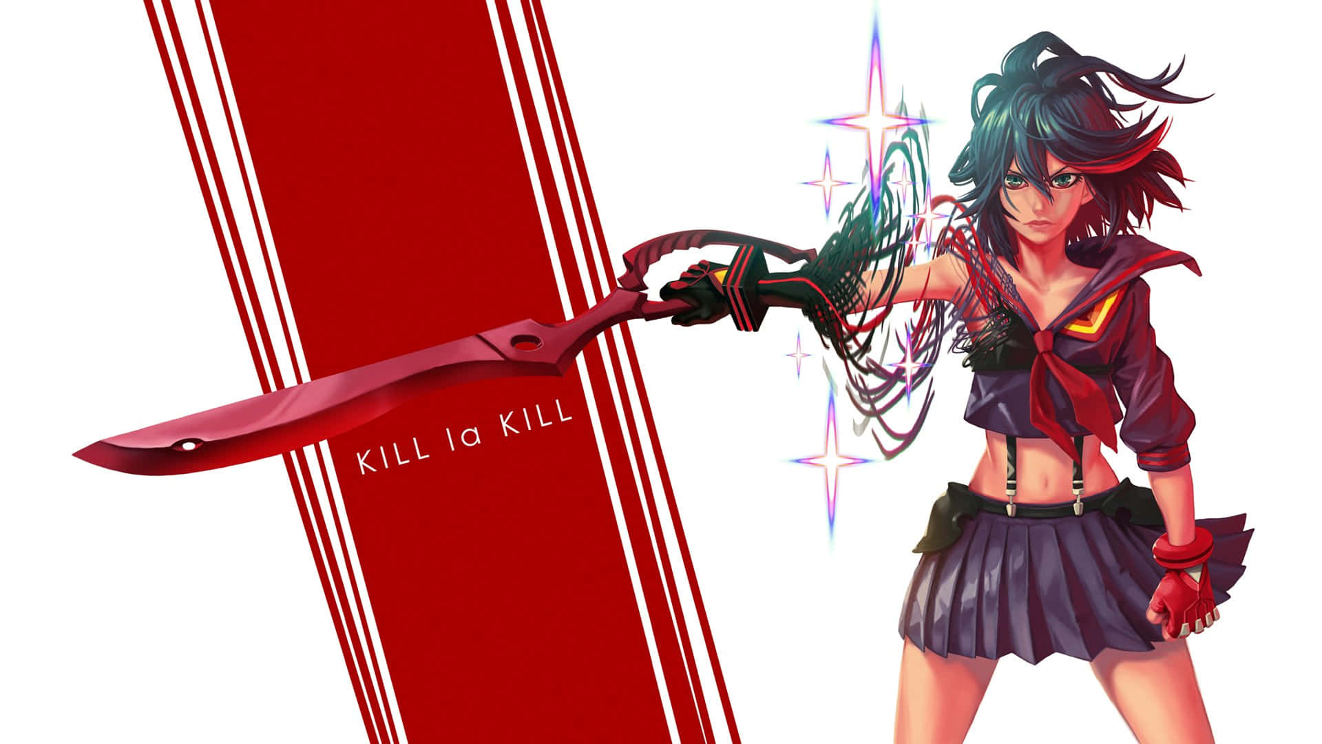 Kill La Kill 桌布 壁紙 — 一個穿著校服的兇猛動漫女孩，在醒目的紅白條紋背景前揮舞著發光的紅色劍。