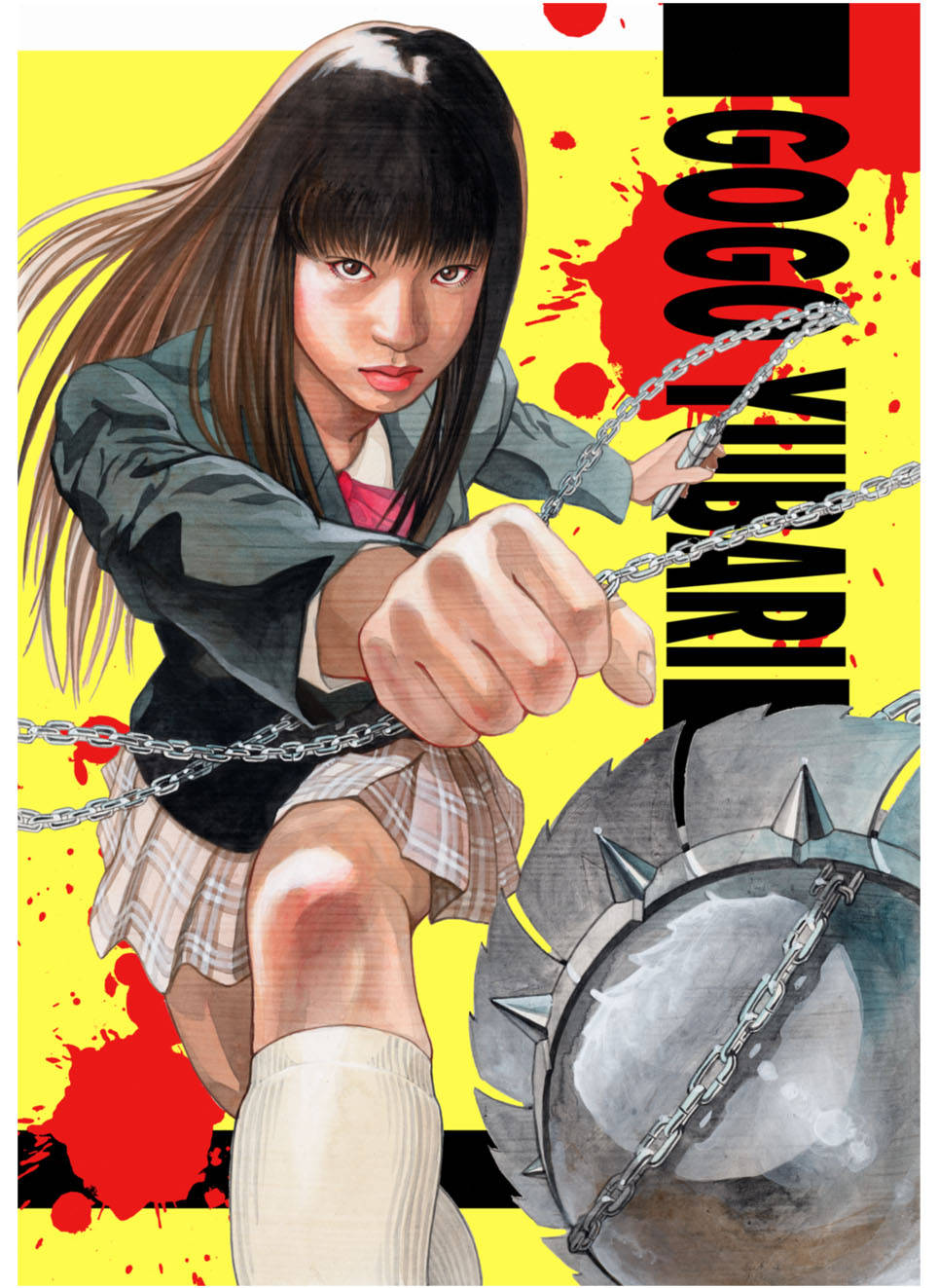 Kill Bill 桌布 壁紙 — 一個穿著校服的兇猛動漫女孩，在鮮明的黃色和紅色飛濺背景下揮舞著帶刺的鏈條武器。