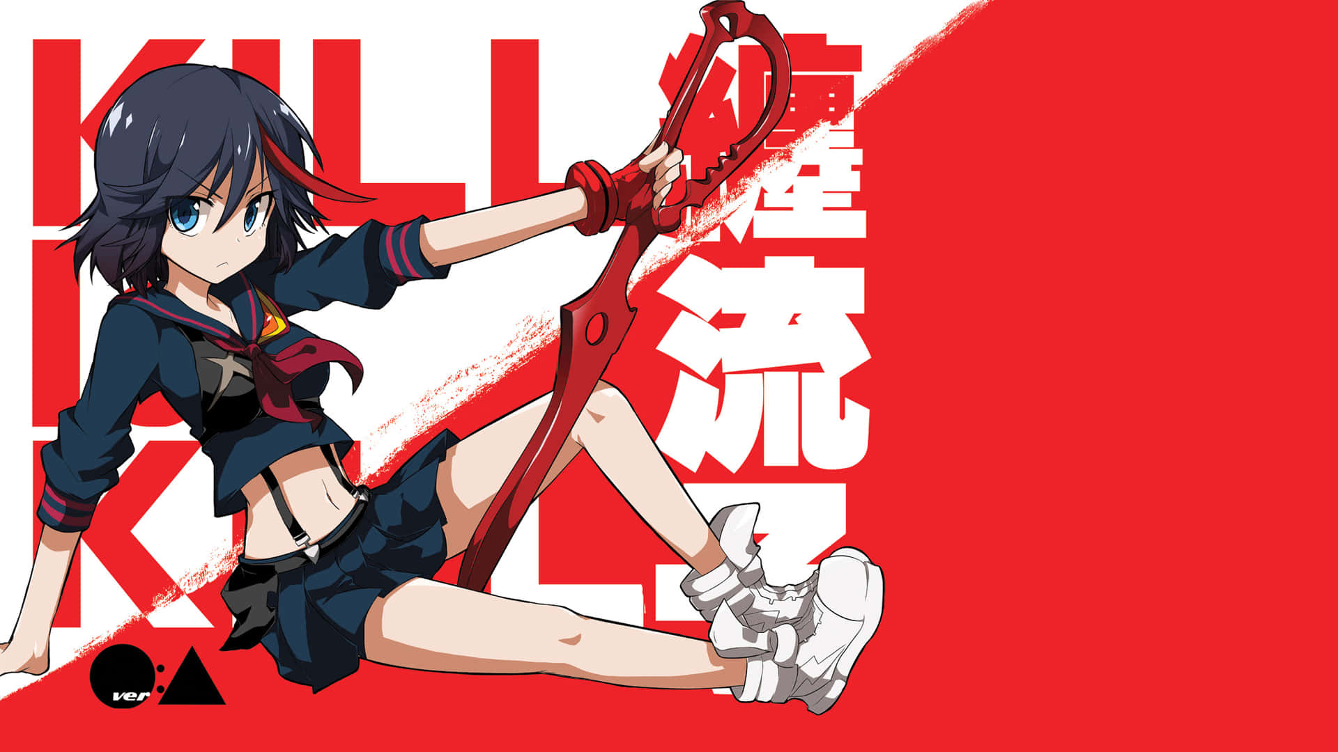 Kill La Kill 桌布 壁紙 — 一個穿著校服的動漫女孩在帶有日文字樣的醒目紅白背景上揮舞著巨大的紅色剪刀。