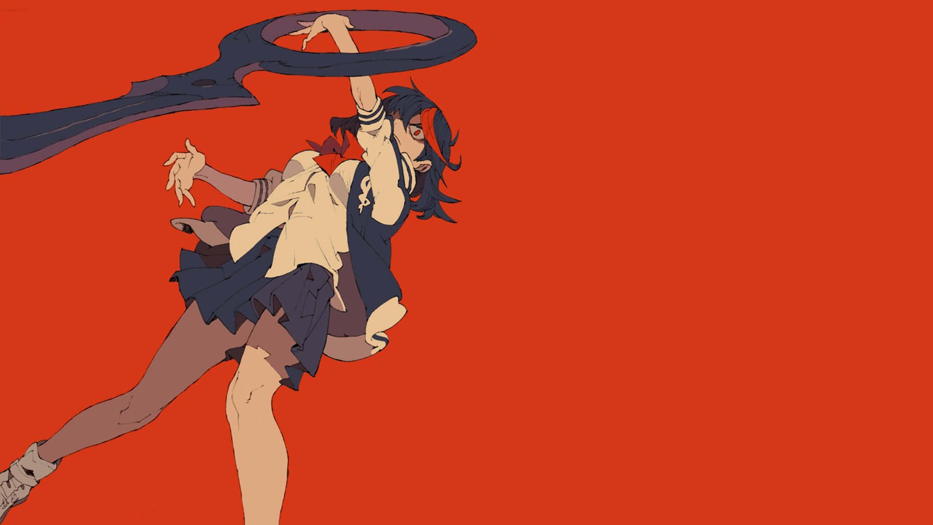 ryuko matoi 桌布 壁紙 — 一個穿著校服的動漫女孩在鮮紅色背景前揮舞著一把大鑰匙。