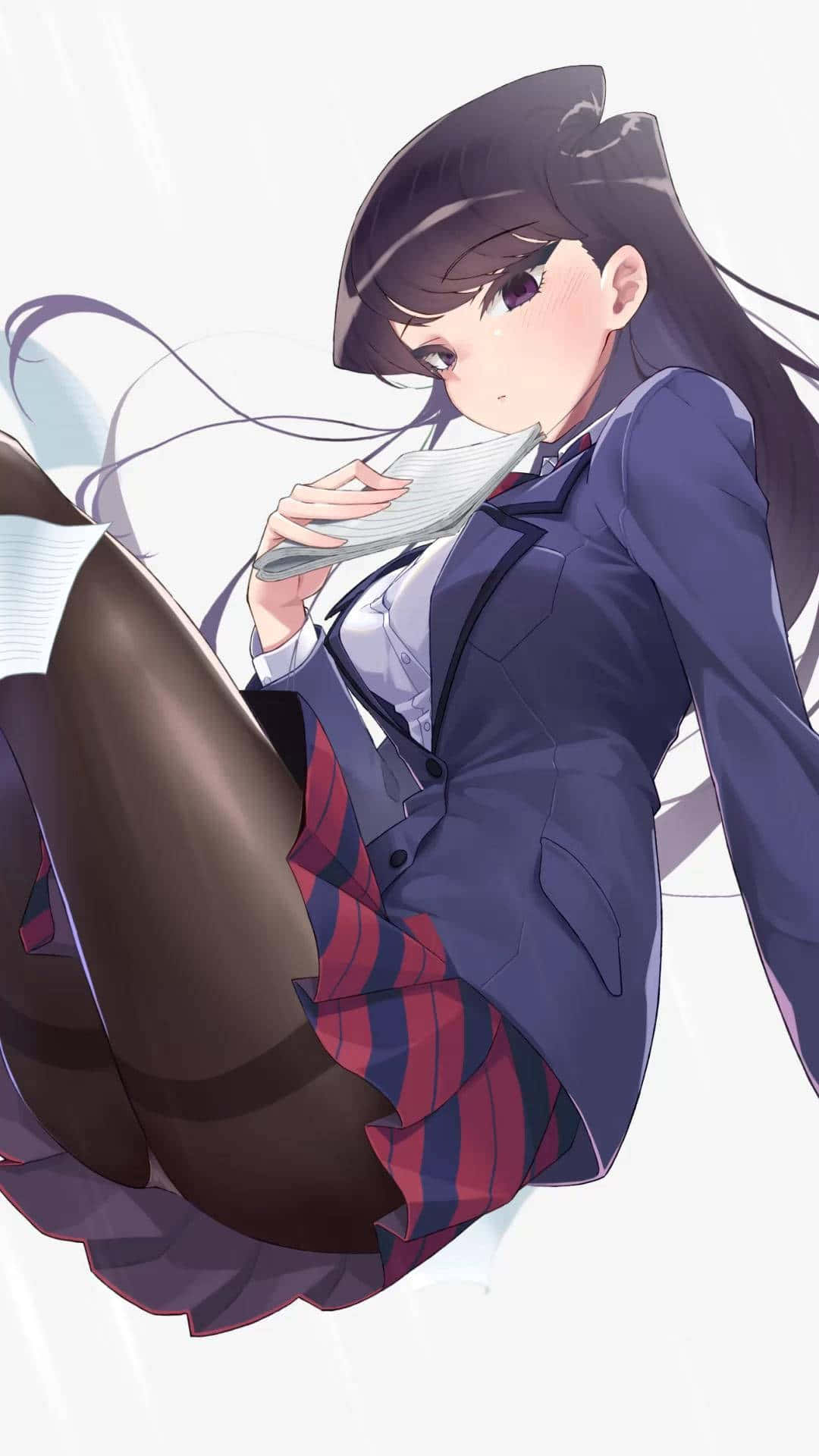 動漫女孩 桌布 壁紙 — 一個穿著校服的動漫女孩盤腿坐著，拿著一本書，風吹動她的頭髮，背景是純白色。