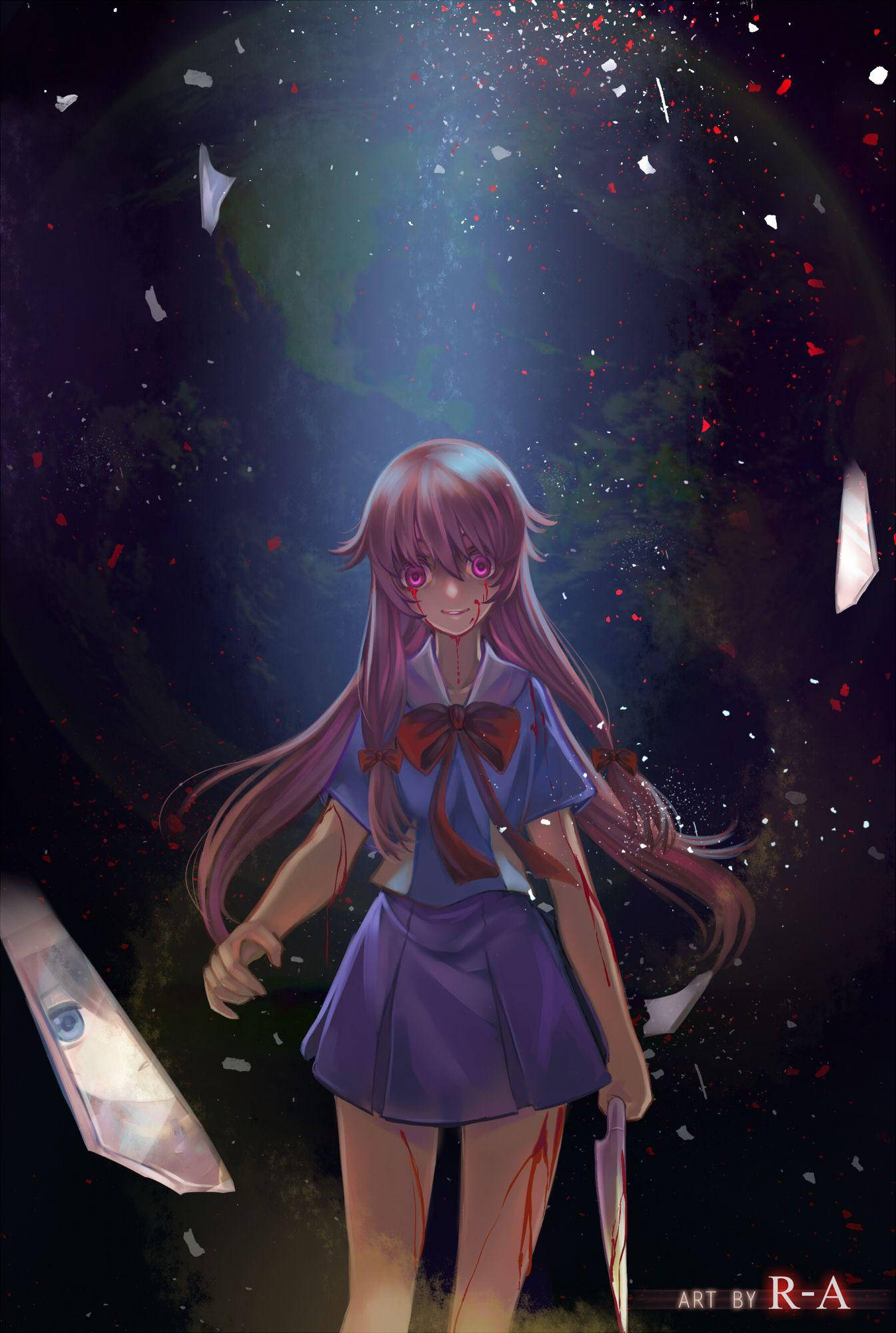 Yuno 桌布 壁紙 — 一個穿著校服的動漫女孩站在發光綠色球體下，周圍漂浮著破碎的玻璃和紅色碎片。