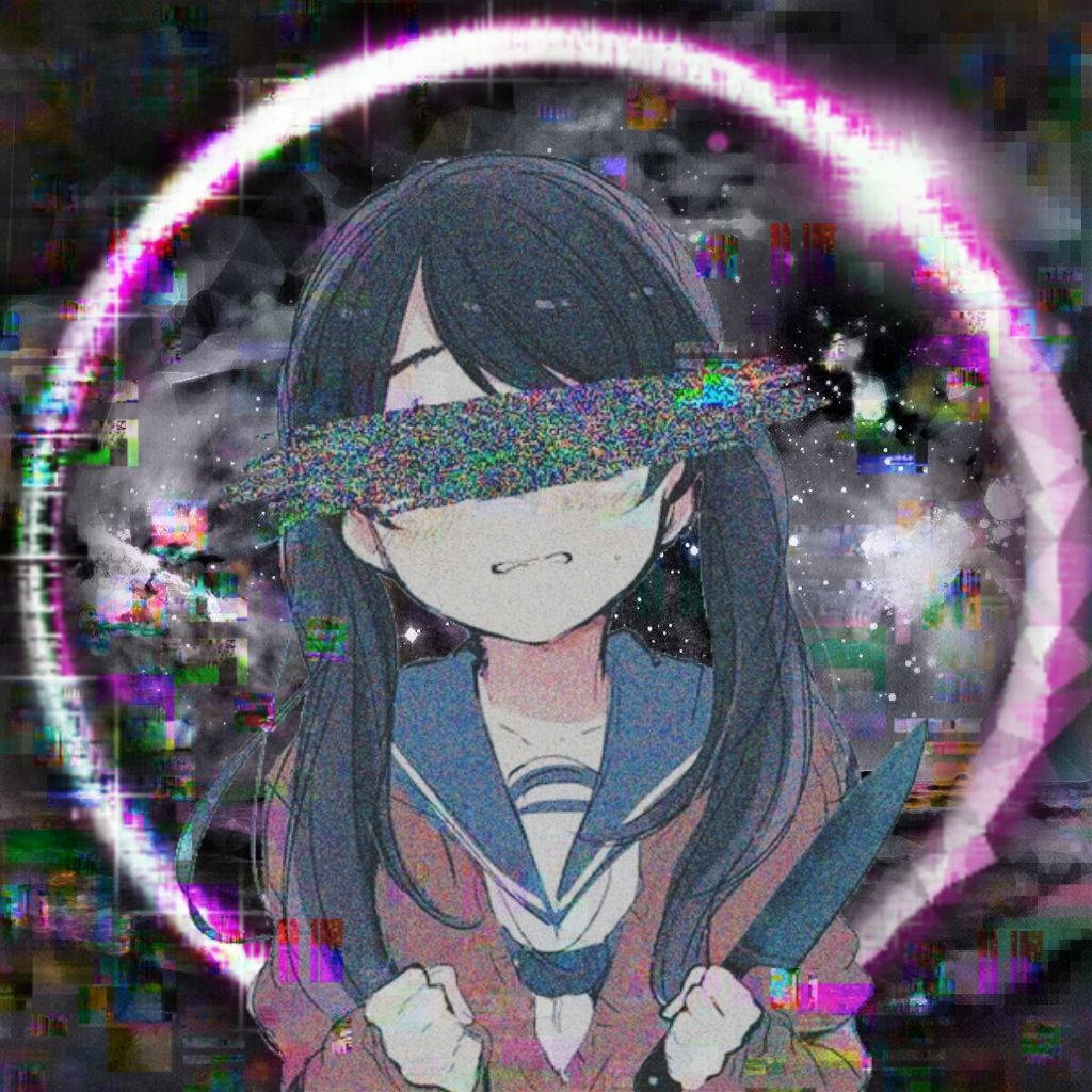 動漫女孩 桌布 壁紙 — 一個穿著校服的動漫女孩站著，拳頭緊握，她的眼睛被發光粉紅色環內的故障藝術遮蓋。