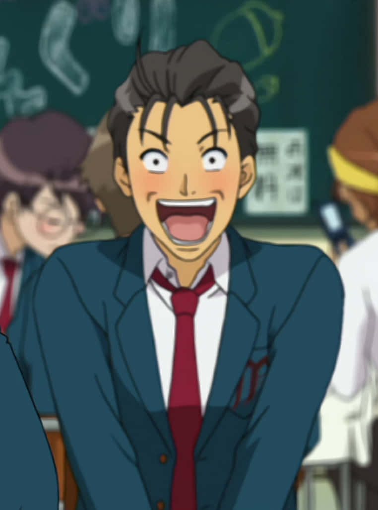 Haruhi Taniguchi 桌布 壁紙 — 一個穿著校服的動畫男孩在教室裡睜大眼睛狂笑。