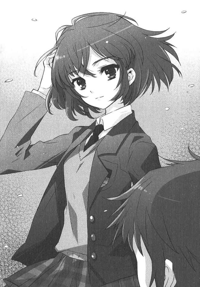 Mikuru Asahina 桌布 壁紙 — 一個穿著校服的單色動漫女孩在紋理背景前微笑著整理頭髮。