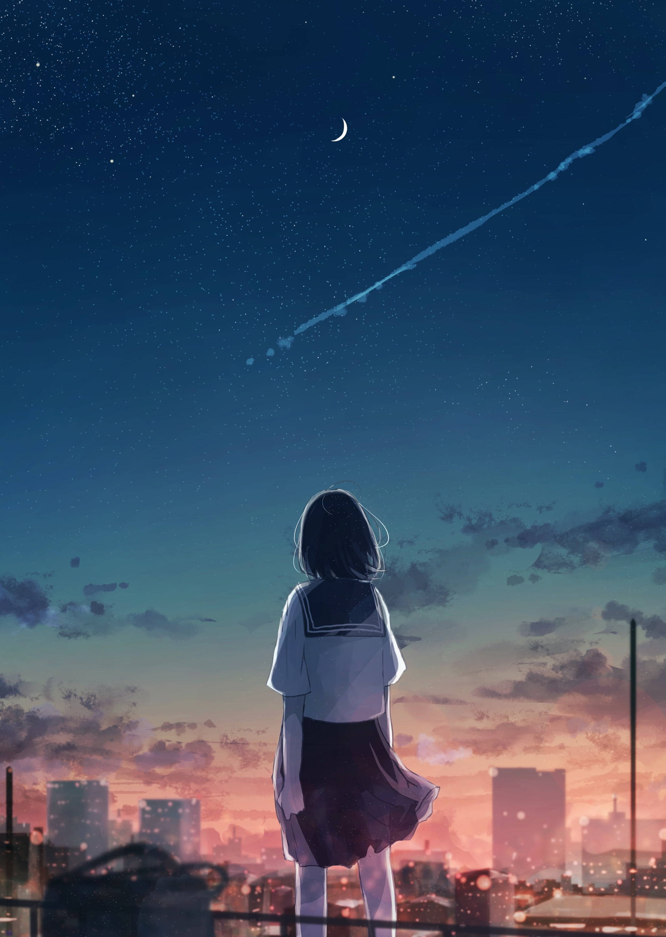 動漫風格 桌布 壁紙 — 一個穿著校服的女孩凝視著星空夜空，有新月和流星劃過發光的城市景觀。