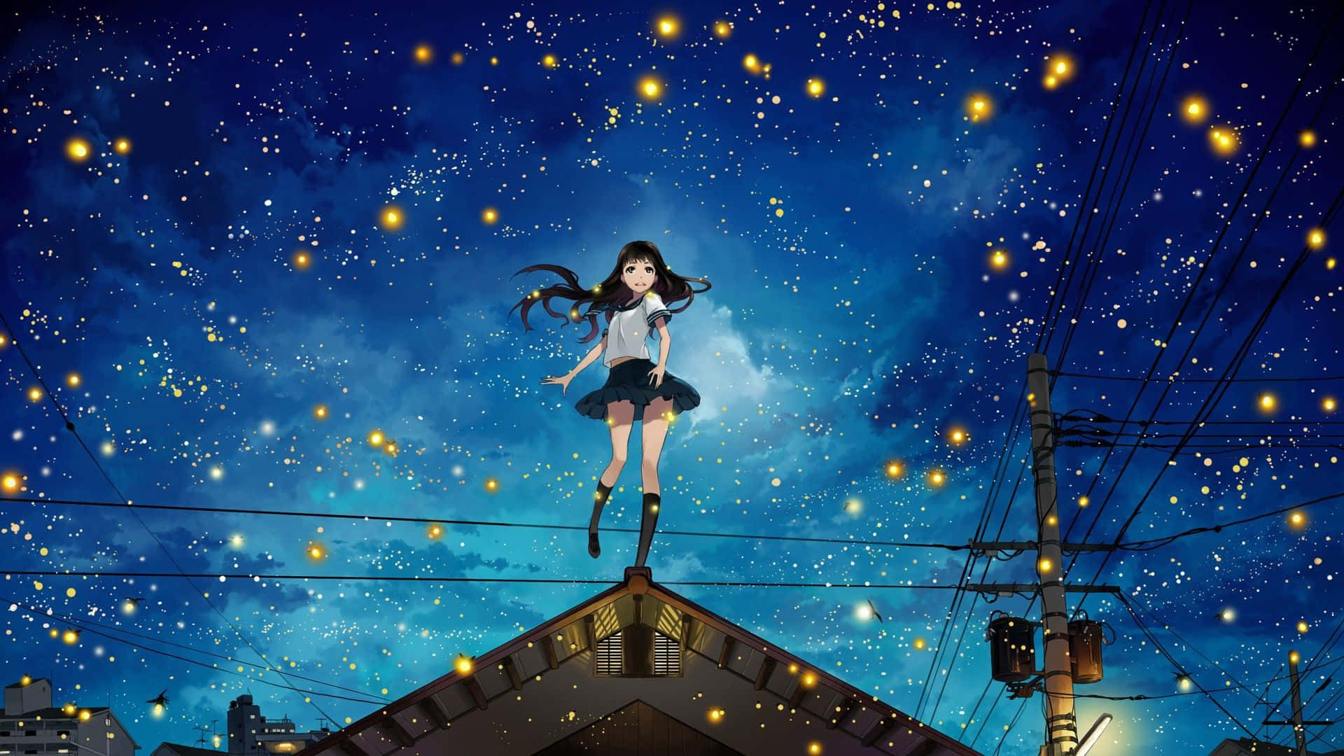 Night Anime 桌布 壁紙 — 一個穿著校服的女孩在佈滿閃爍金色光芒的星空下漂浮在屋頂上方。