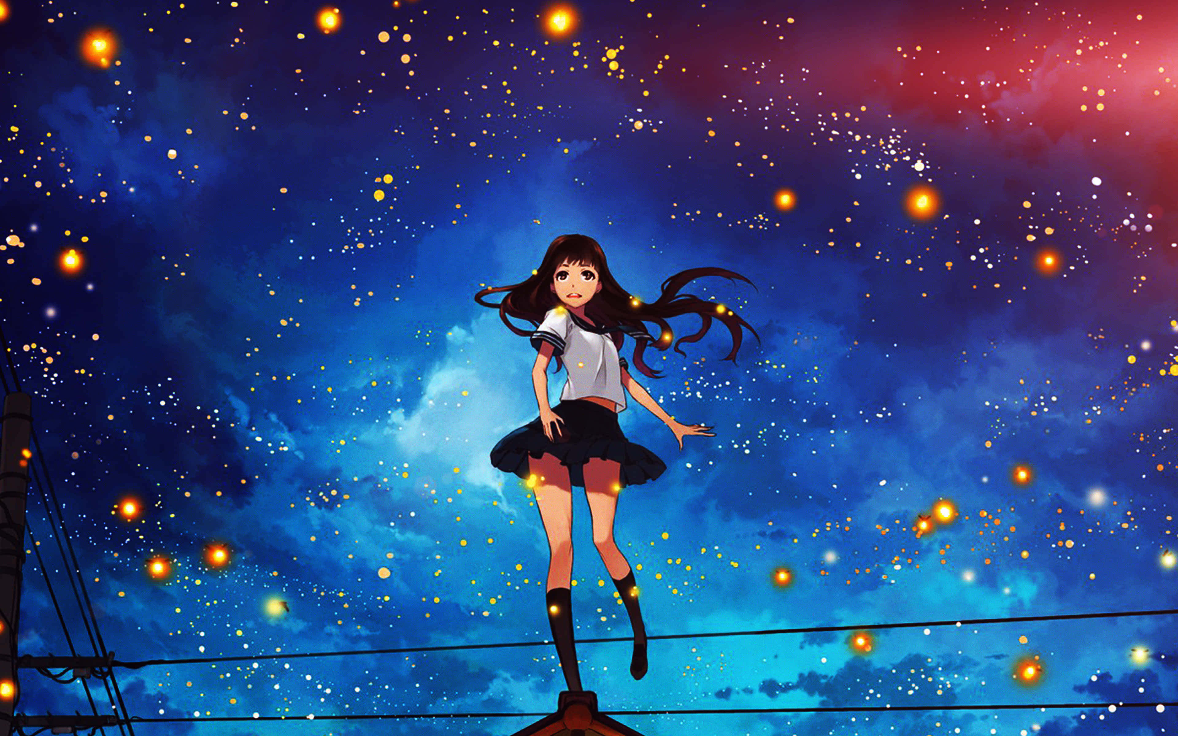 4K Anime Space 桌布 壁紙 — 一個穿著校服的女孩在充滿活力的暮色天空中漂浮在閃爍的星星之間。