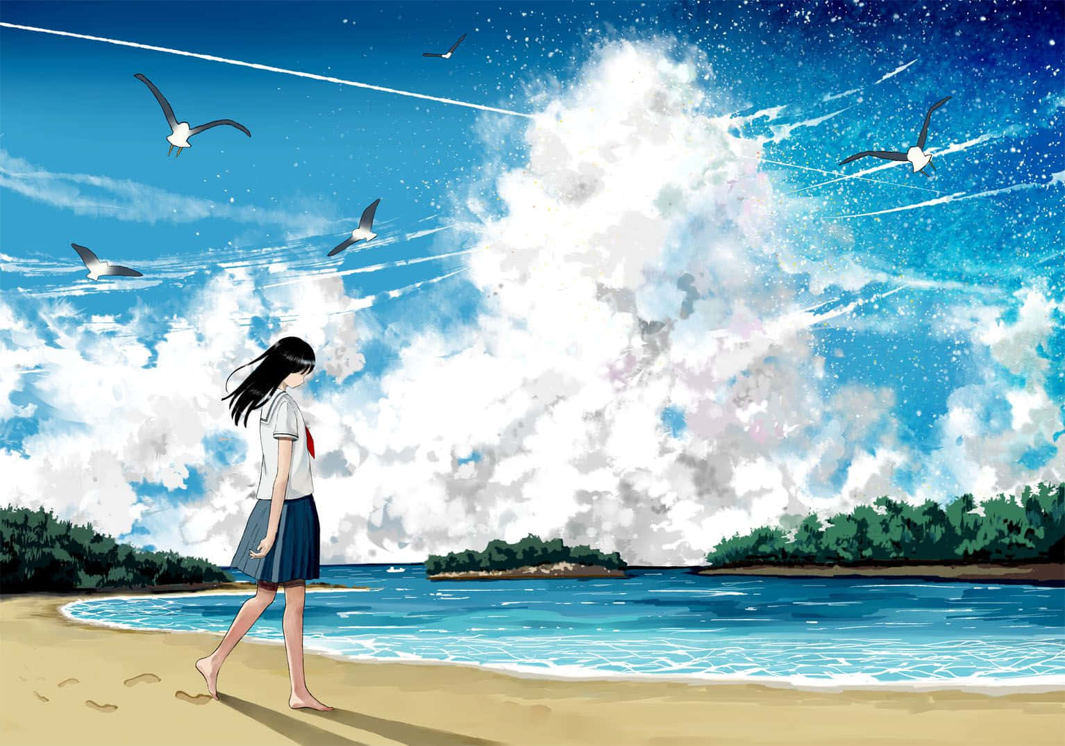 海灘 桌布 壁紙 — 一個穿著校服的女孩在沙灘上赤腳行走，頭頂是湛藍的天空，海鷗飛翔，白雲朵朵。