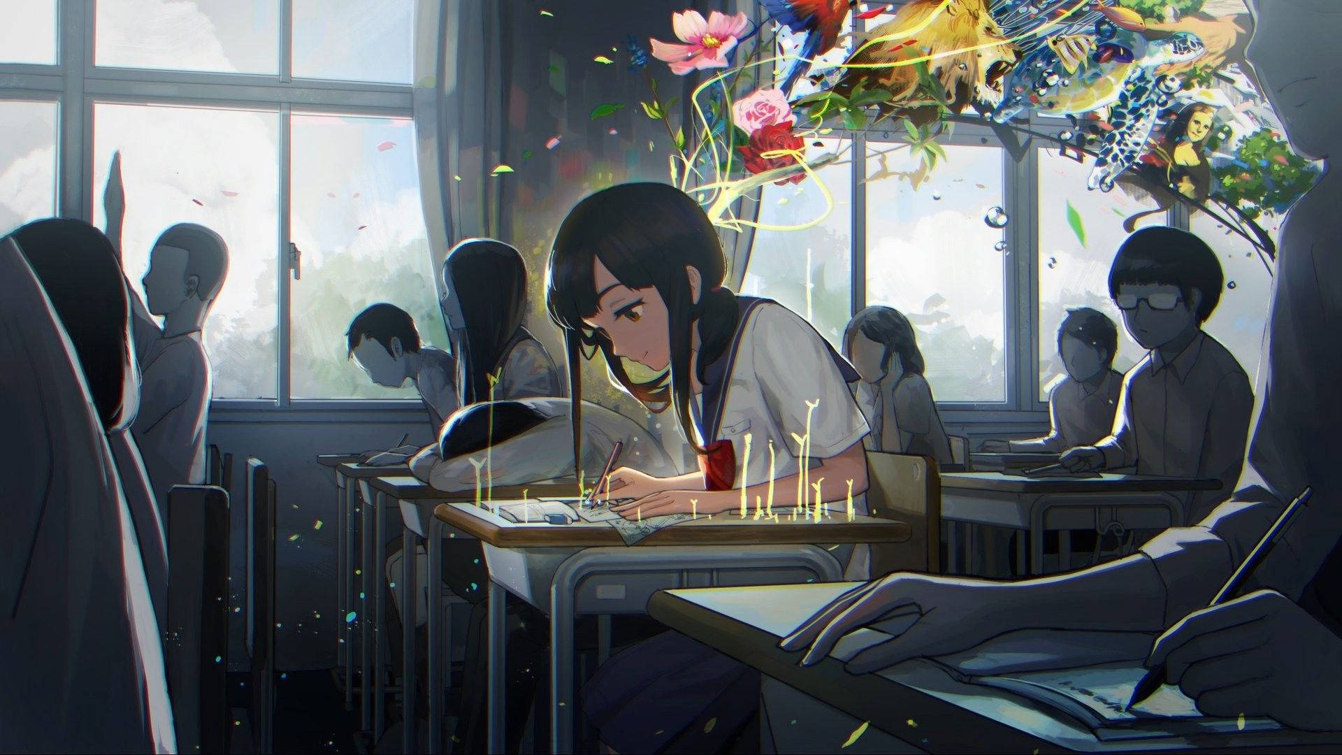 Anime Classroom 桌布 壁紙 — 一個穿著校服的女孩在陽光普照的教室裡，在書桌上寫字，同時有充滿活力的超現實生物和花朵從她的頭部迸發出來。