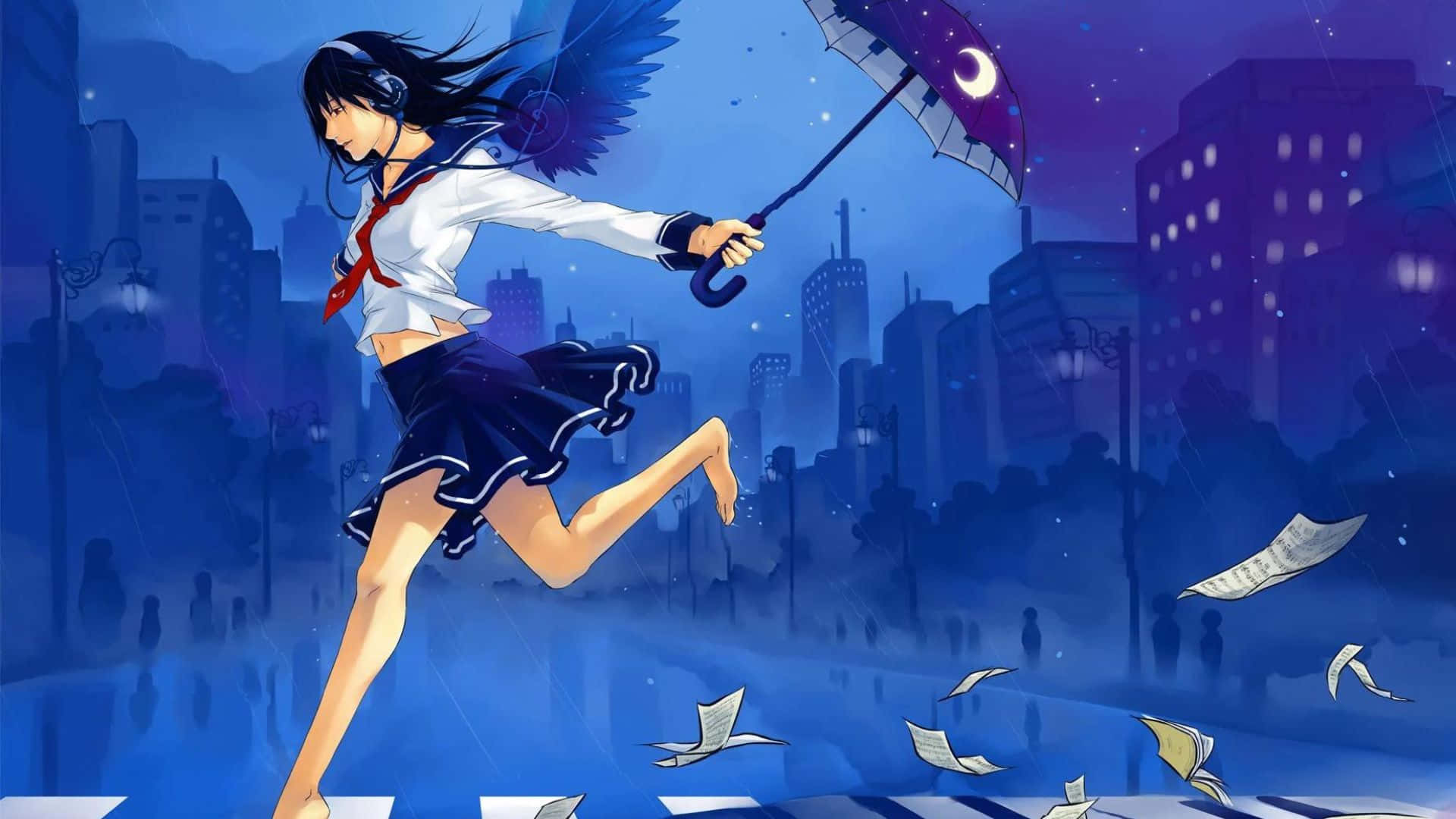 女孩 桌布 壁紙 — 一個穿著校服的女孩在雨夜的城市中奔跑，手持新月雨傘，紙張在她周圍飛舞。