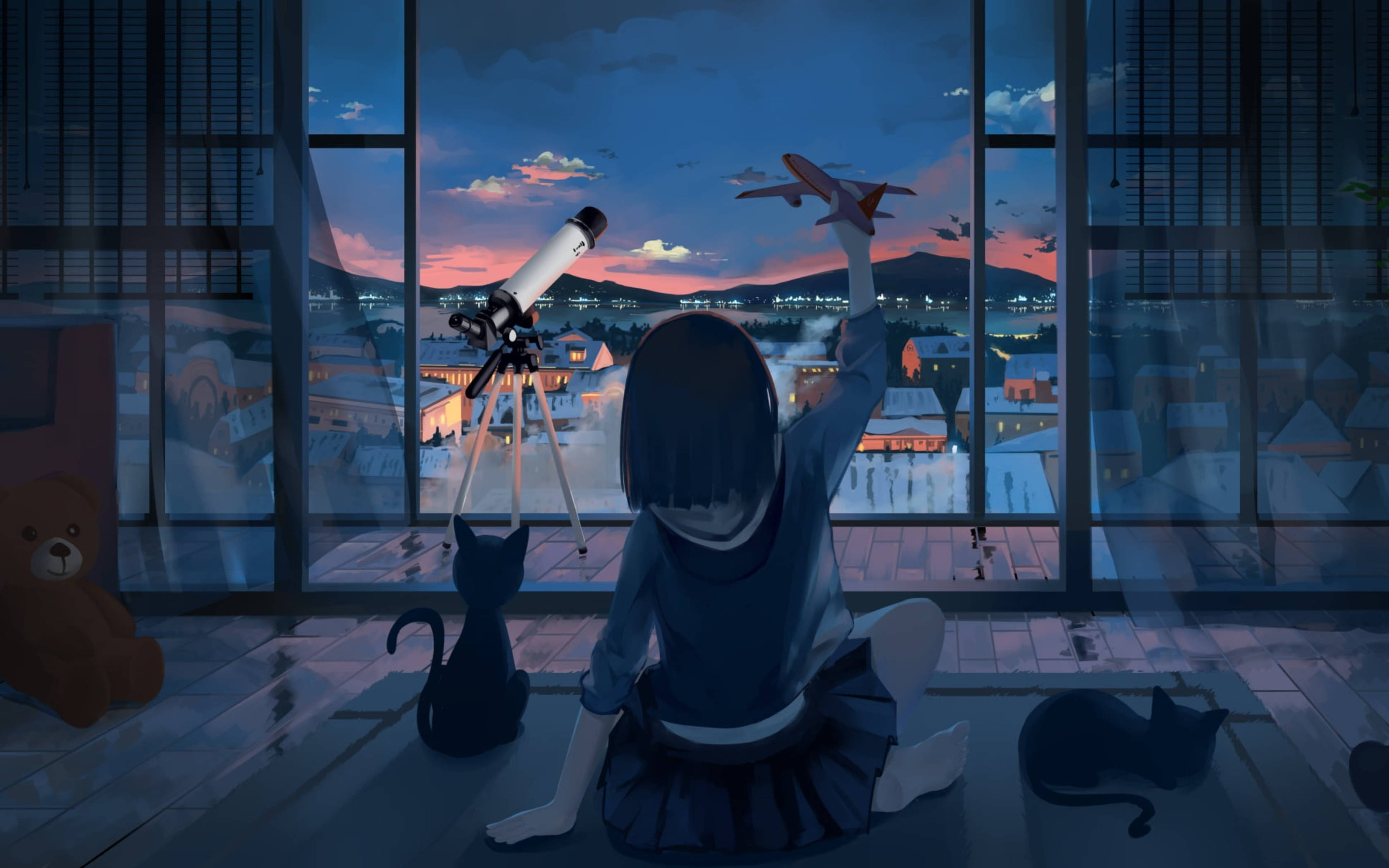 Animated Girl 桌布 壁紙 — 一個穿著校服的女孩在黃昏時坐在大窗戶旁的地板上，拿著玩具飛機，而望遠鏡指向城市與山脈上空色彩繽紛的天空。