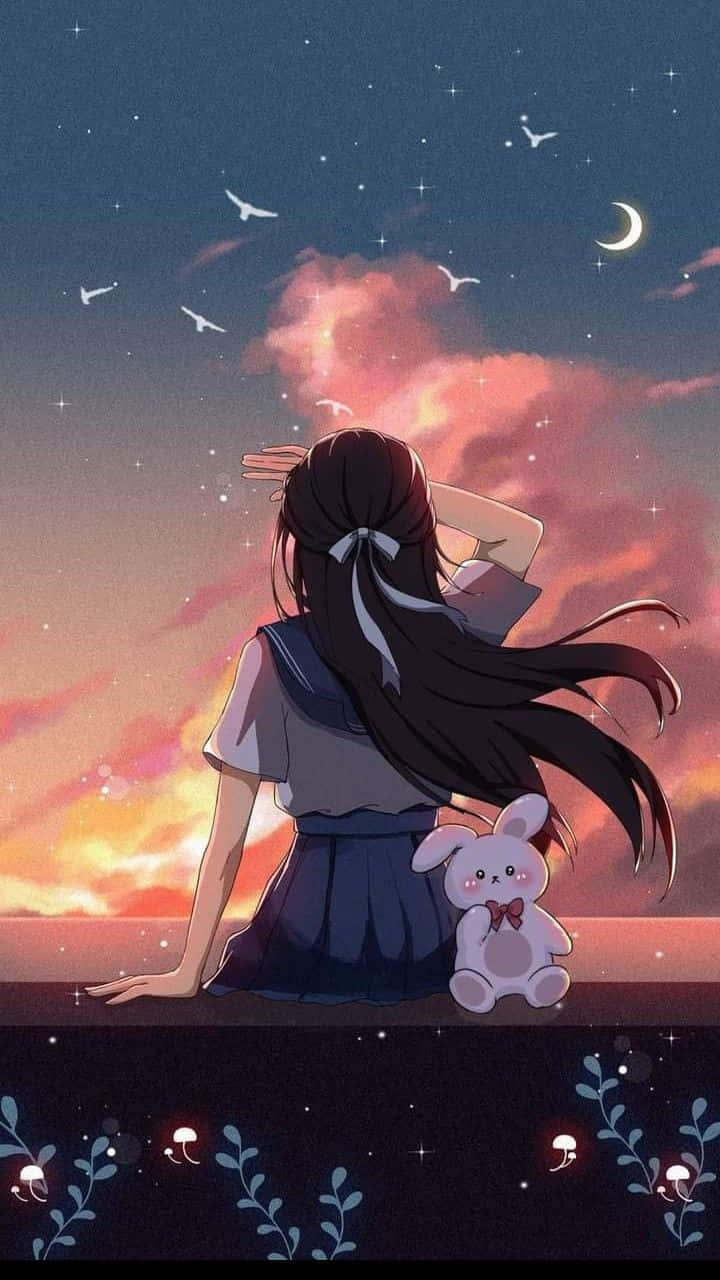 動漫女孩 桌布 壁紙 — 一個穿著校服的女孩在黃昏時坐在窗台上，凝視著星空，有新月和飛鳥在她毛絨兔子旁邊。