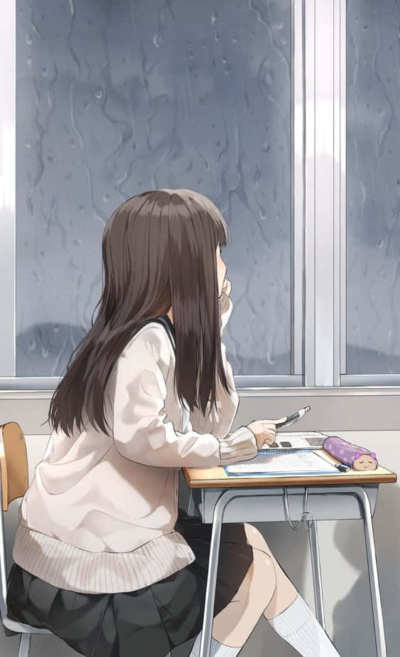 Anime Girl Aesthetic 桌布 壁紙 — 一個穿著校服的女孩坐在安靜教室的書桌前，在雨水斑駁的窗邊寫字。