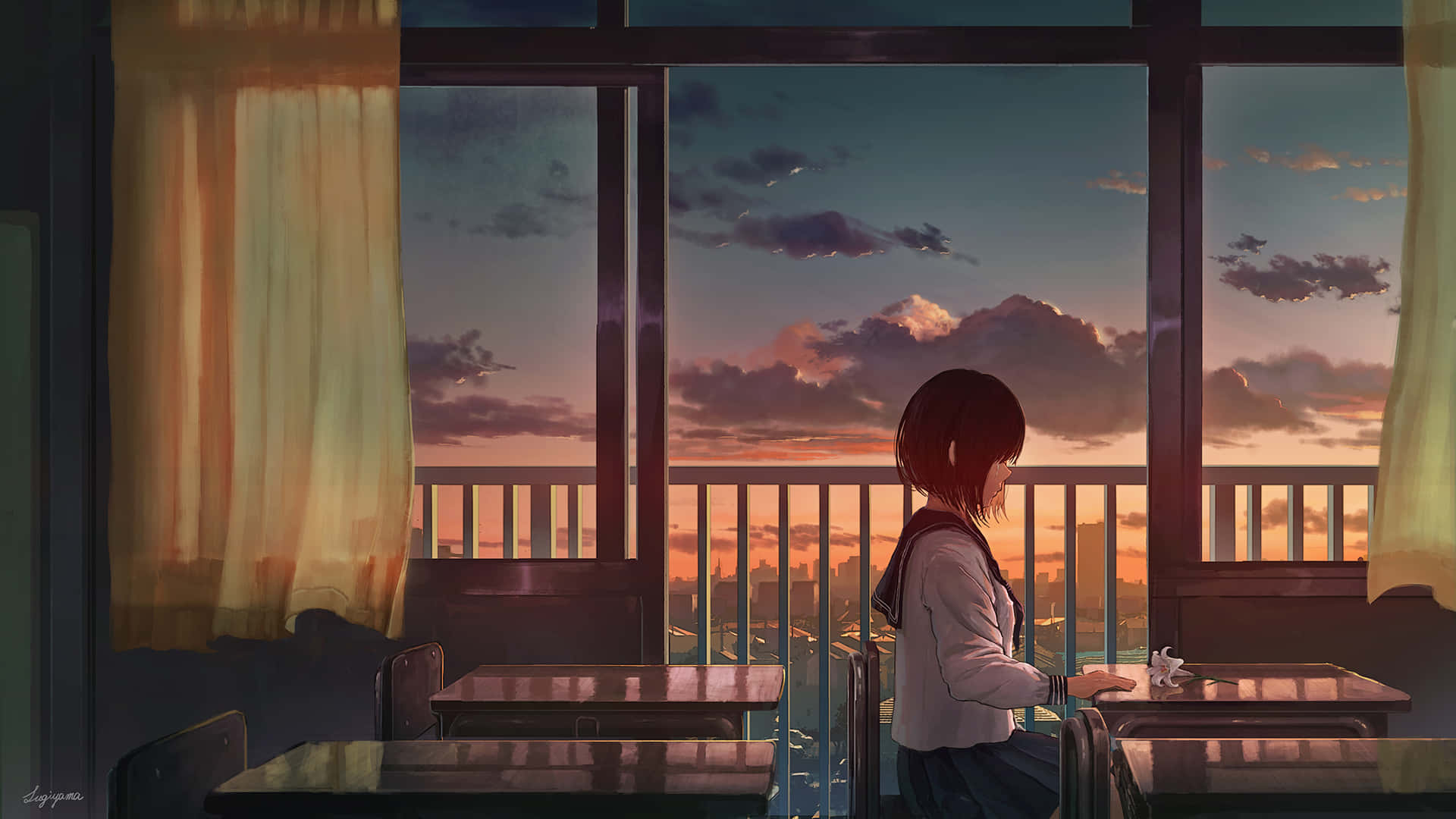 anime girl crying 桌布 壁紙 — 一個穿著校服的女孩坐在書桌前，望著窗外城市上空絢麗的日落。