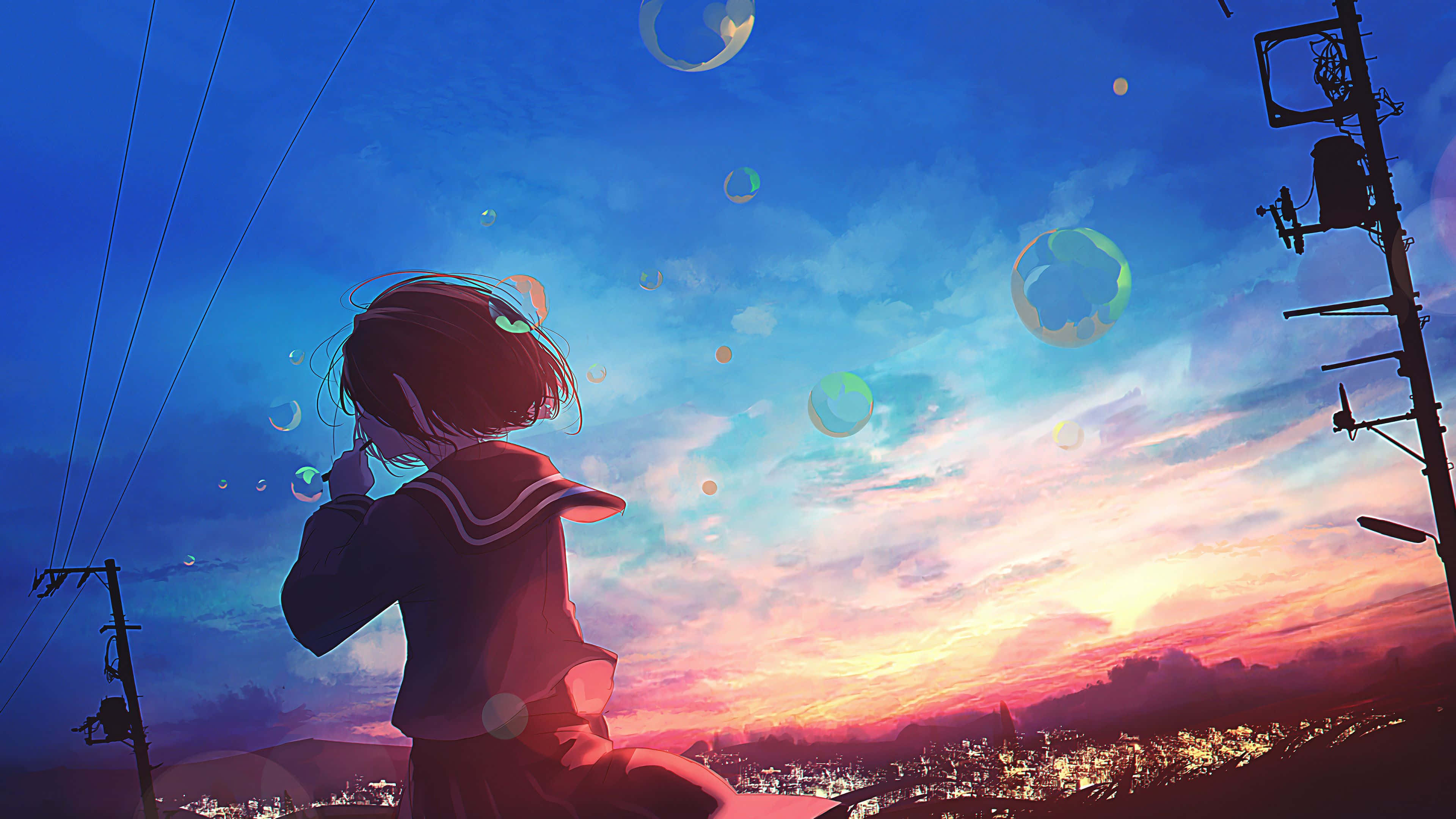 Anime Sunset 桌布 壁紙 — 一個穿著校服的女孩對著充滿活力的日落天空吹泡泡，下方有城市燈光和電線。