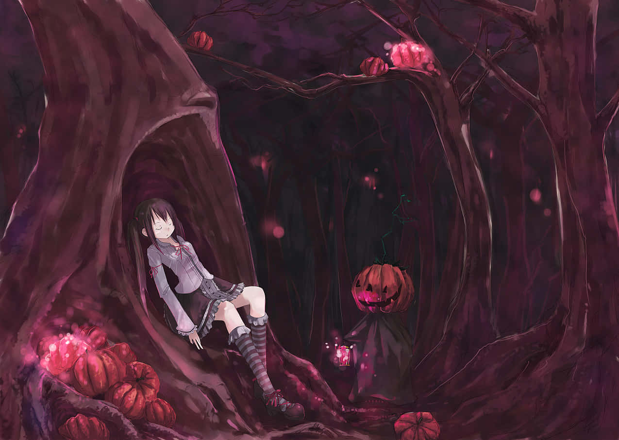 Halloween Anime Girl 桌布 壁紙 — 一個穿著校服的女孩平靜地坐在一棵空心樹中，周圍是發光的南瓜，背景是深紫色的森林。