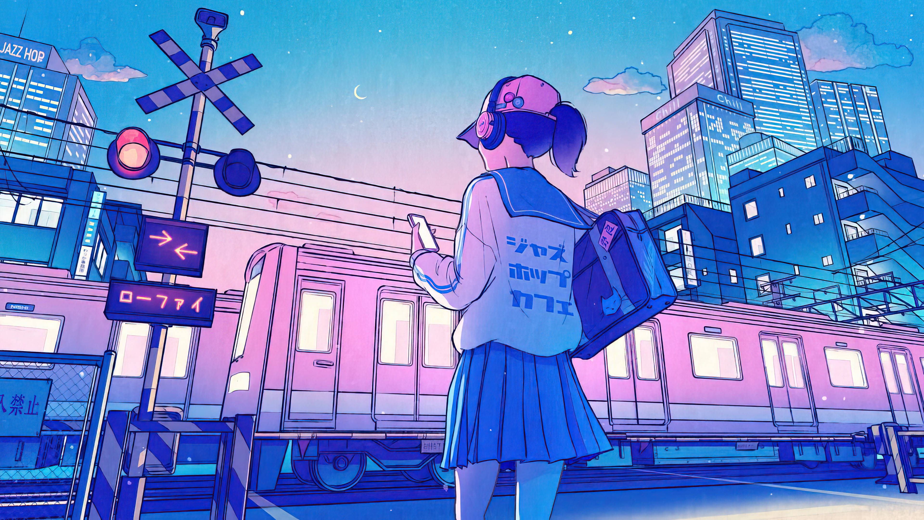 動漫女孩 桌布 壁紙 — 一個穿著校服的女孩站在一個發光的粉紅色和藍色火車站，背景是帶有彎月的星空夜空。