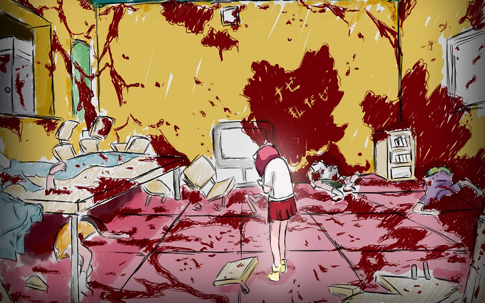 Creepy Anime 桌布 壁紙 — 一個穿著校服的女孩站在一個血跡斑斑、桌椅翻倒、家具破損的教室裡。
