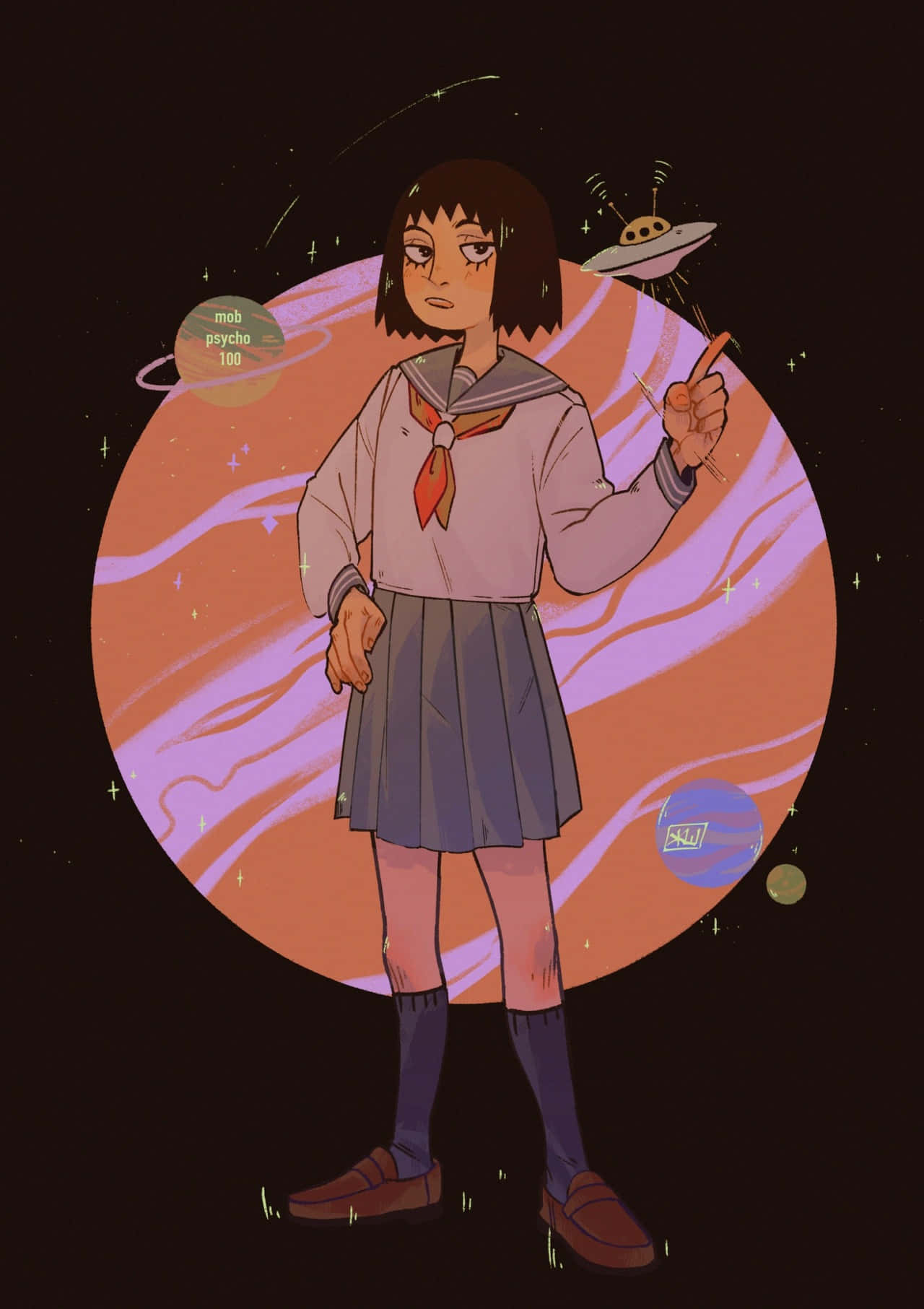 Tome Kurata 桌布 壁紙 — 一個穿著校服的女孩自信地站在一個旋轉的橙色和紫色星球前，周圍有漂浮的UFO和星星。