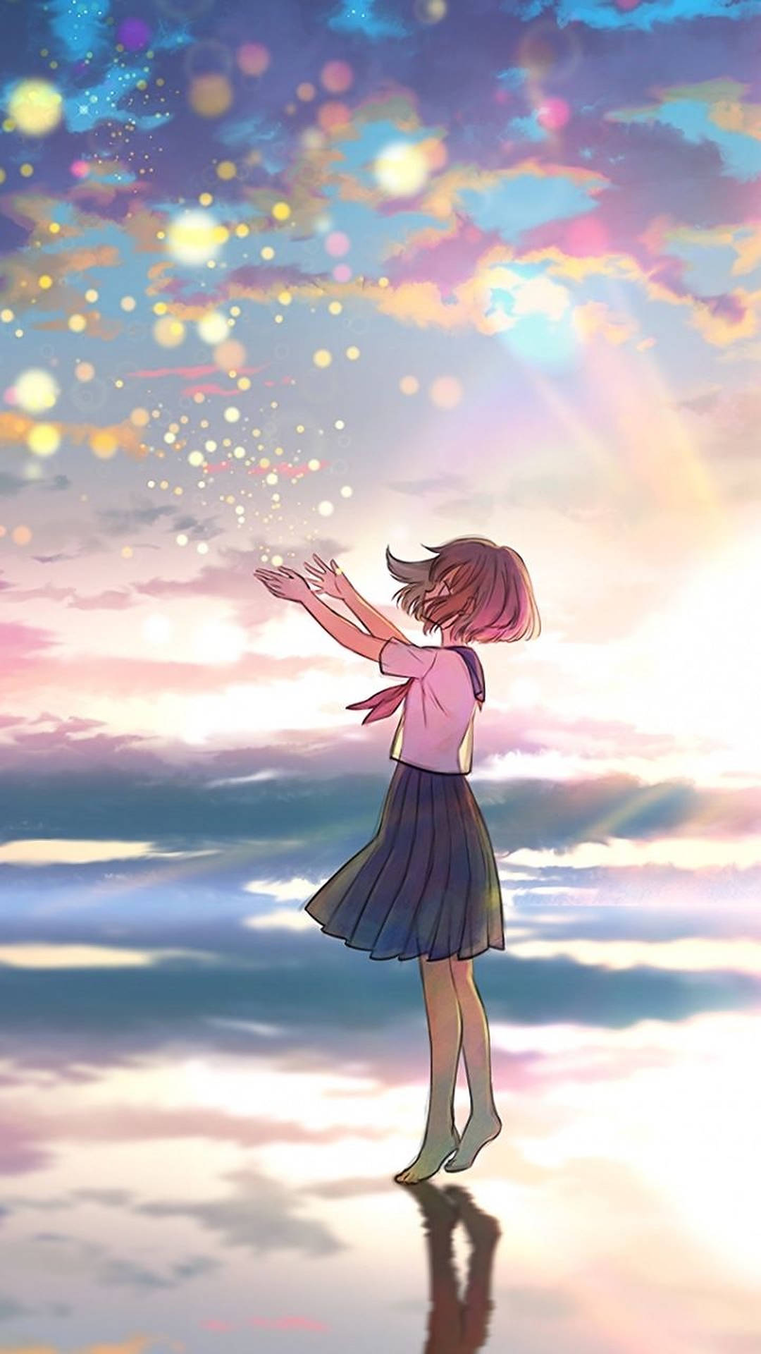 穿著校服的女孩在夢幻般的日落天空中伸手朝向發光粒子。 — 美少女動態圖 壁紙