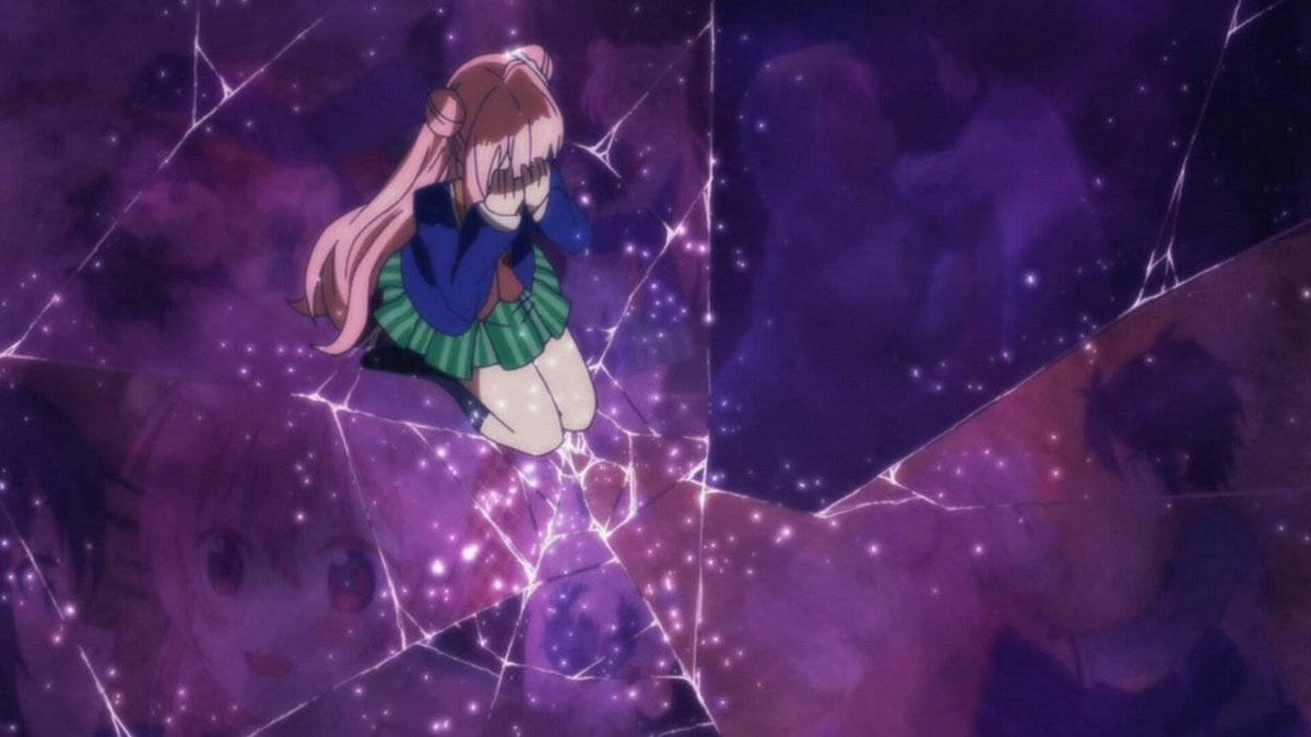 life 桌布 壁紙 — 一個穿著校服的女孩跪在閃閃發光的紫色碎裂表面上，周圍環繞著發光的星星和模糊的面孔。