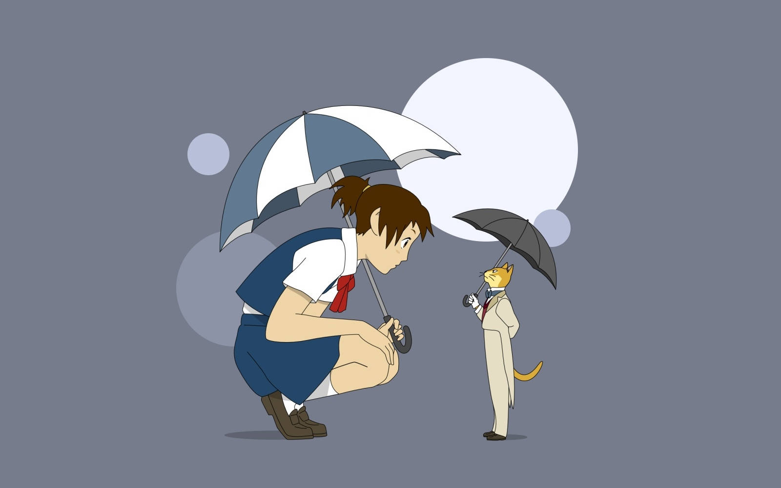 Studio 桌布 壁紙 — 一個穿著校服的女孩蹲下來，與一隻穿著西裝、撐著雨傘的貓咪在大月亮下相遇。