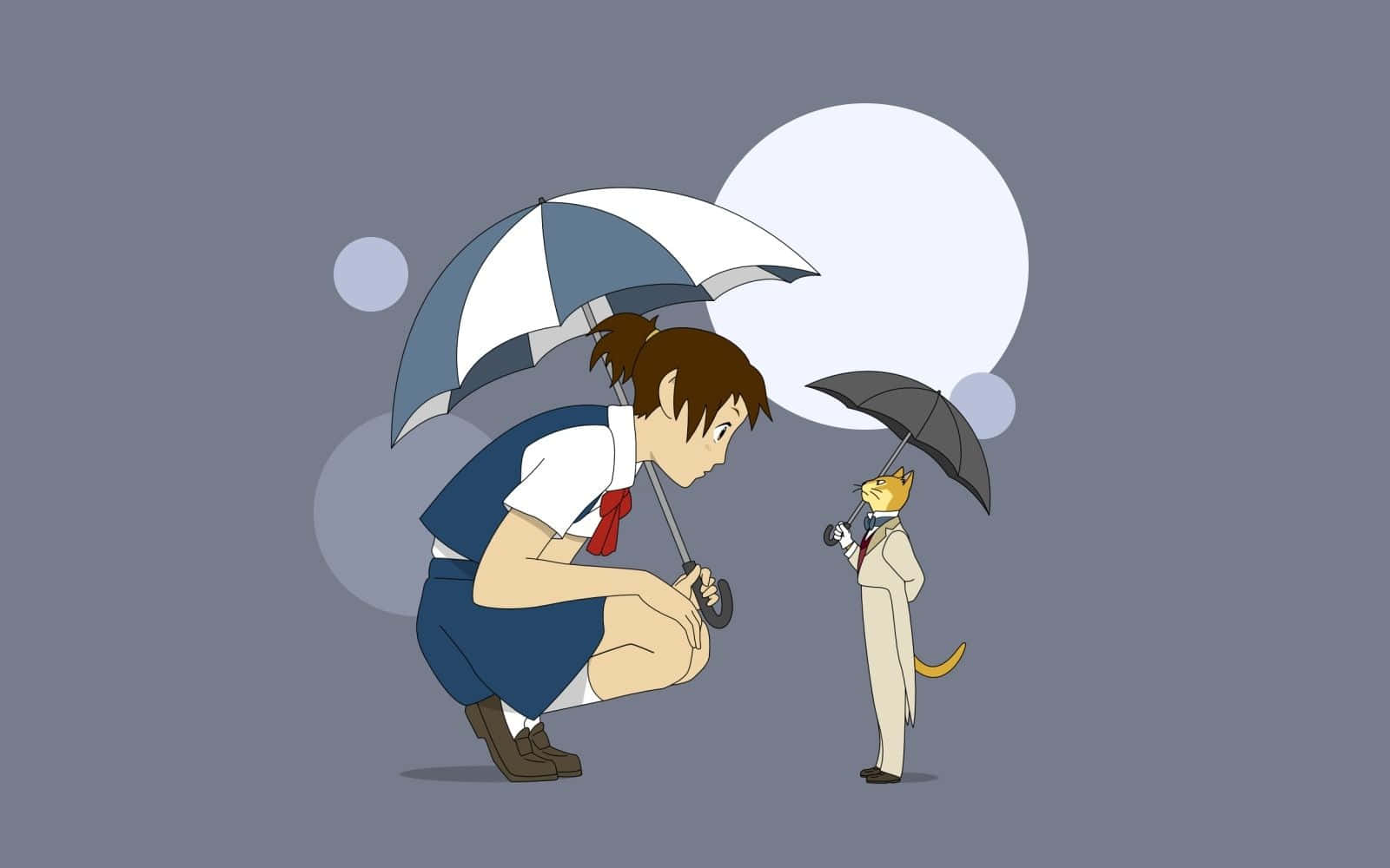 the cat returns 桌布 壁紙 — 一個穿著校服的女孩蹲下來與一隻穿著西裝、撐著雨傘的貓咪在大月亮下交談。