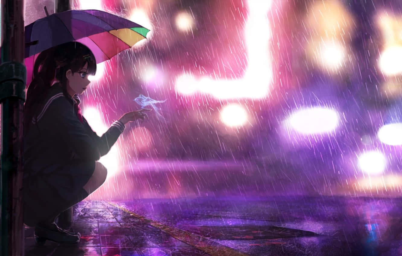 女孩拿著彩虹傘，在夜晚霓虹燈下潮濕的街道上接住雨滴。 — 下雨 GIF 壁紙