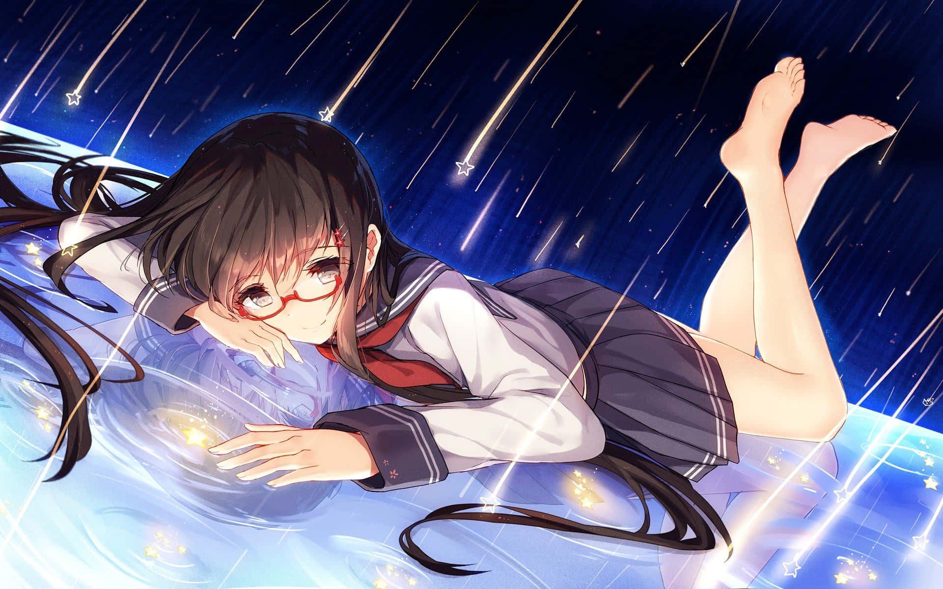 動漫女孩 桌布 壁紙 — 一個穿著校服的女孩躺在發光的表面上，下方是星空，流星劃過她身邊。