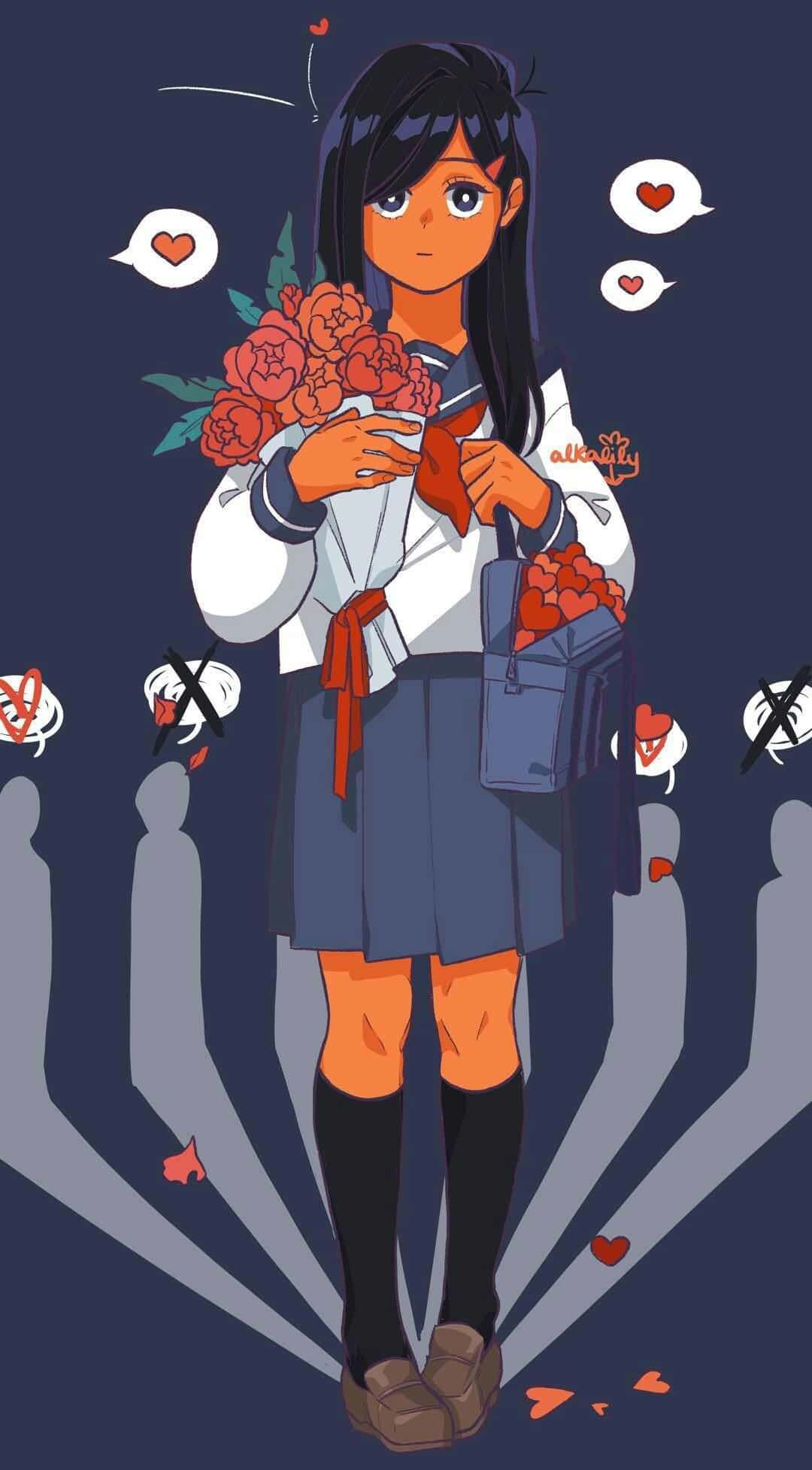 Tsubomi Takane 桌布 壁紙 — 一個穿著校服的年輕動漫女孩，手持一束紅玫瑰，周圍漂浮著愛心和陰影人物。