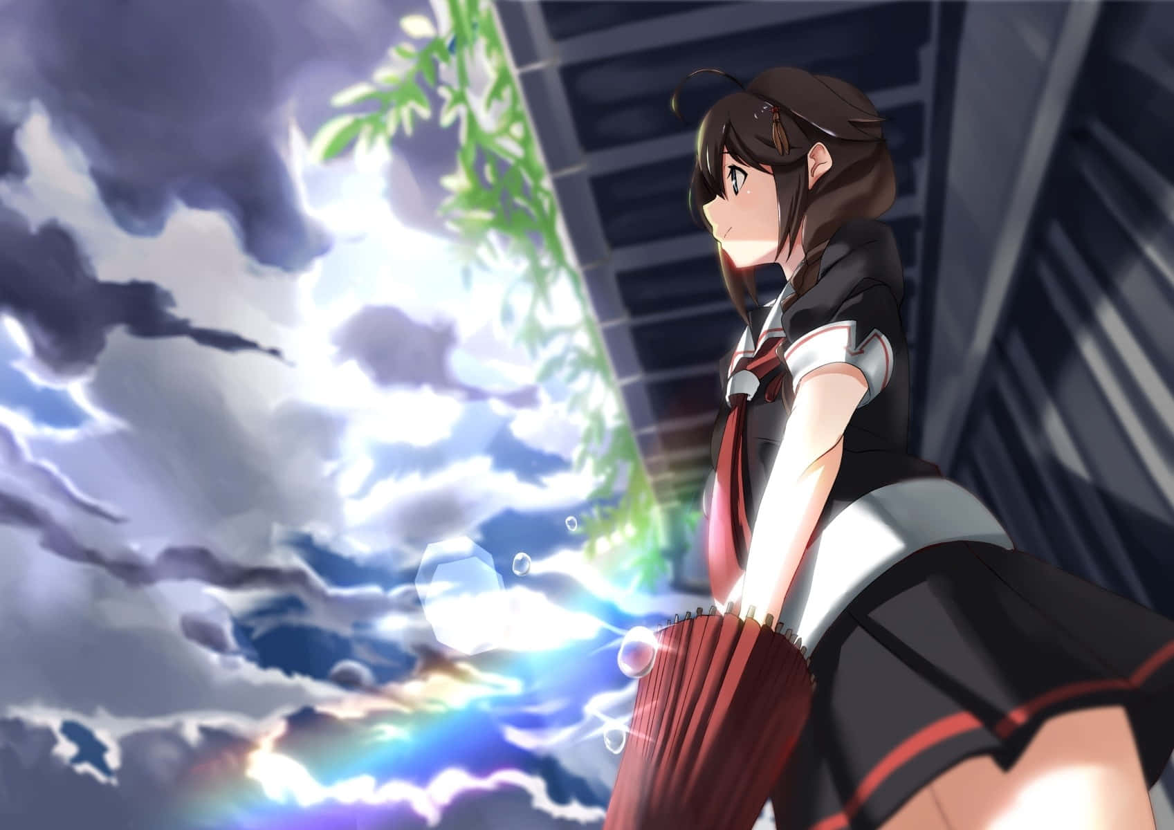 Kantai Collection 桌布 壁紙 — 一個穿著校服的年輕動漫女孩在戲劇性的暴風雨天空下，拿著一把紅色雨傘，伴隨著發光效果。