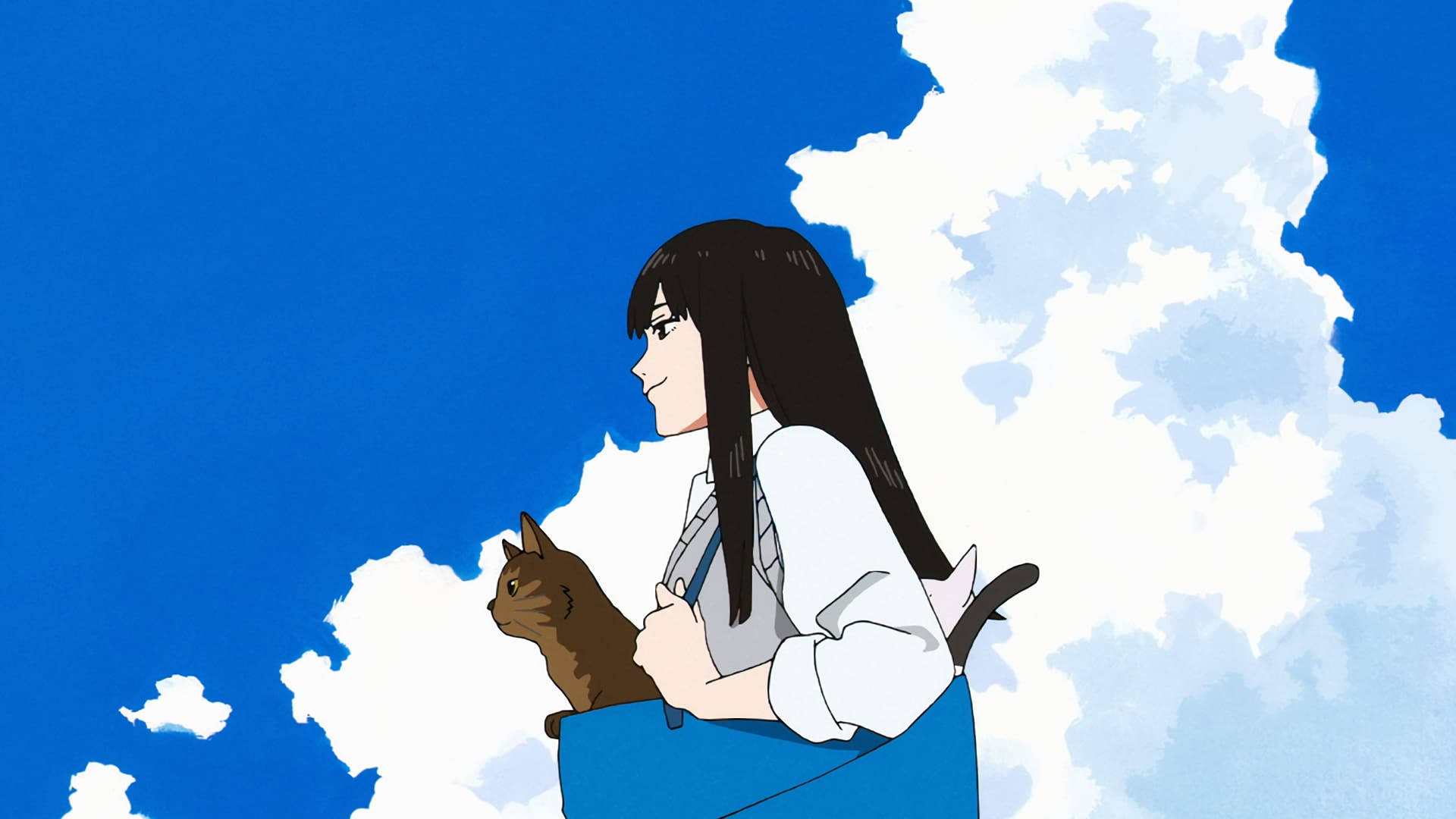 Sonny 桌布 壁紙 — 一個穿著校服的年輕動漫女孩在明亮的藍天和蓬鬆的白雲前抱著一隻棕色的貓。
