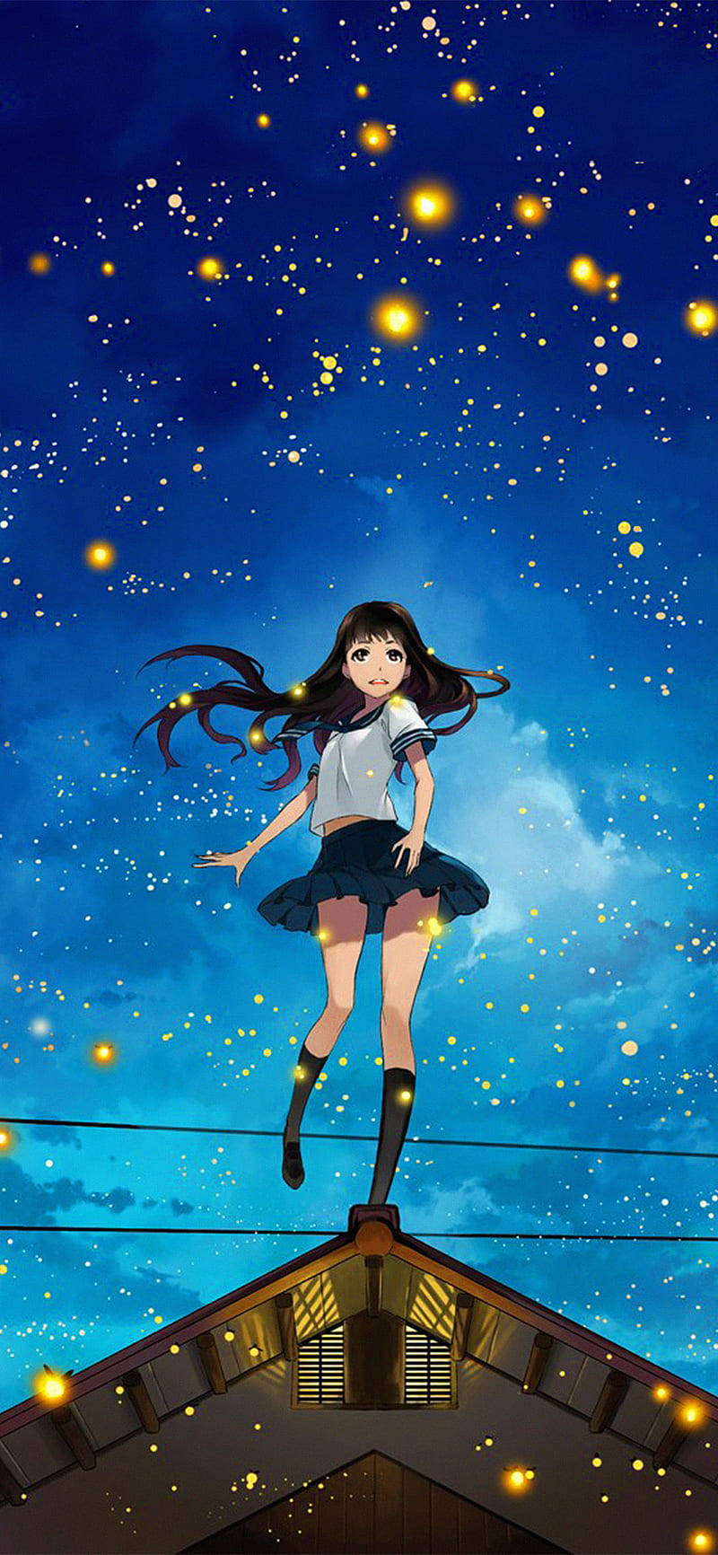 80s Anime Aesthetic 桌布 壁紙 — 一個穿著校服的年輕動漫女孩在滿是螢火蟲的星空下漂浮在屋頂上方。