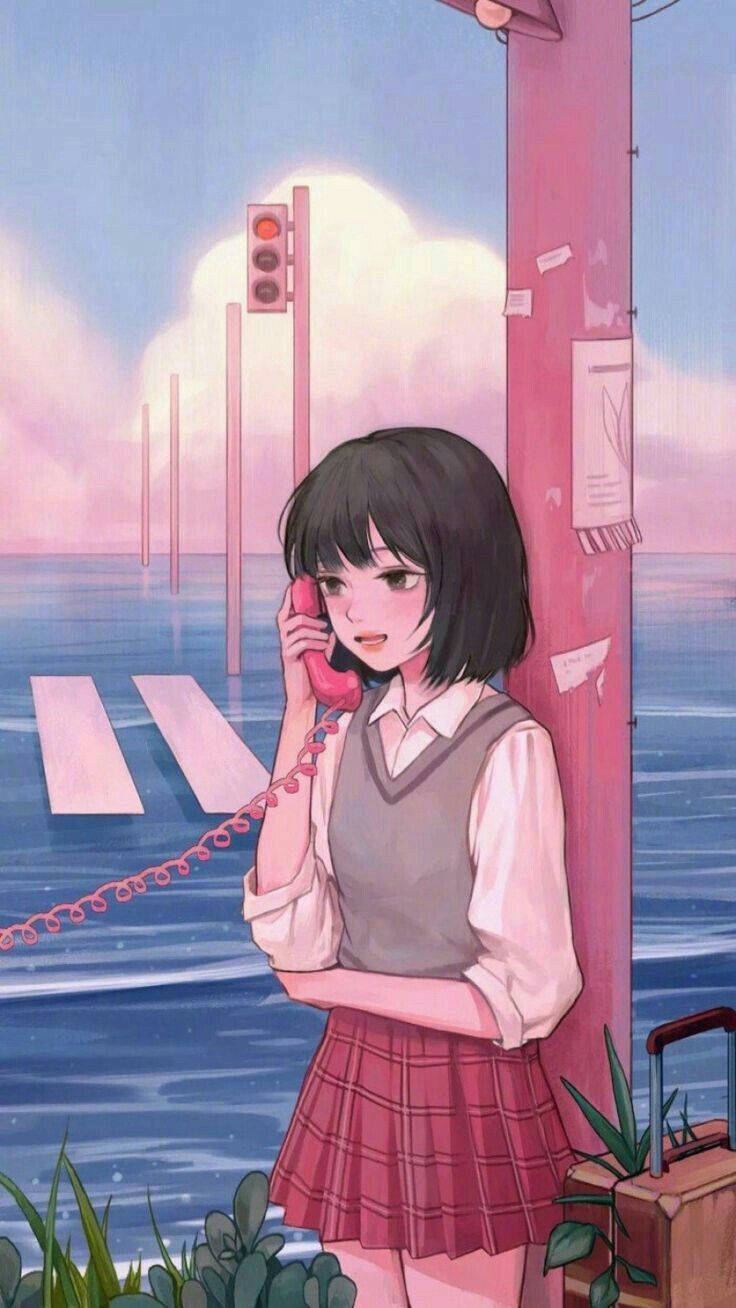 動漫女孩 桌布 壁紙 — 一個穿著校服的年輕動漫女孩在粉紅色柱子旁邊用紅色轉盤電話通話，柱子上有紅燈亮著的交通號誌，背景是粉彩色的天空。