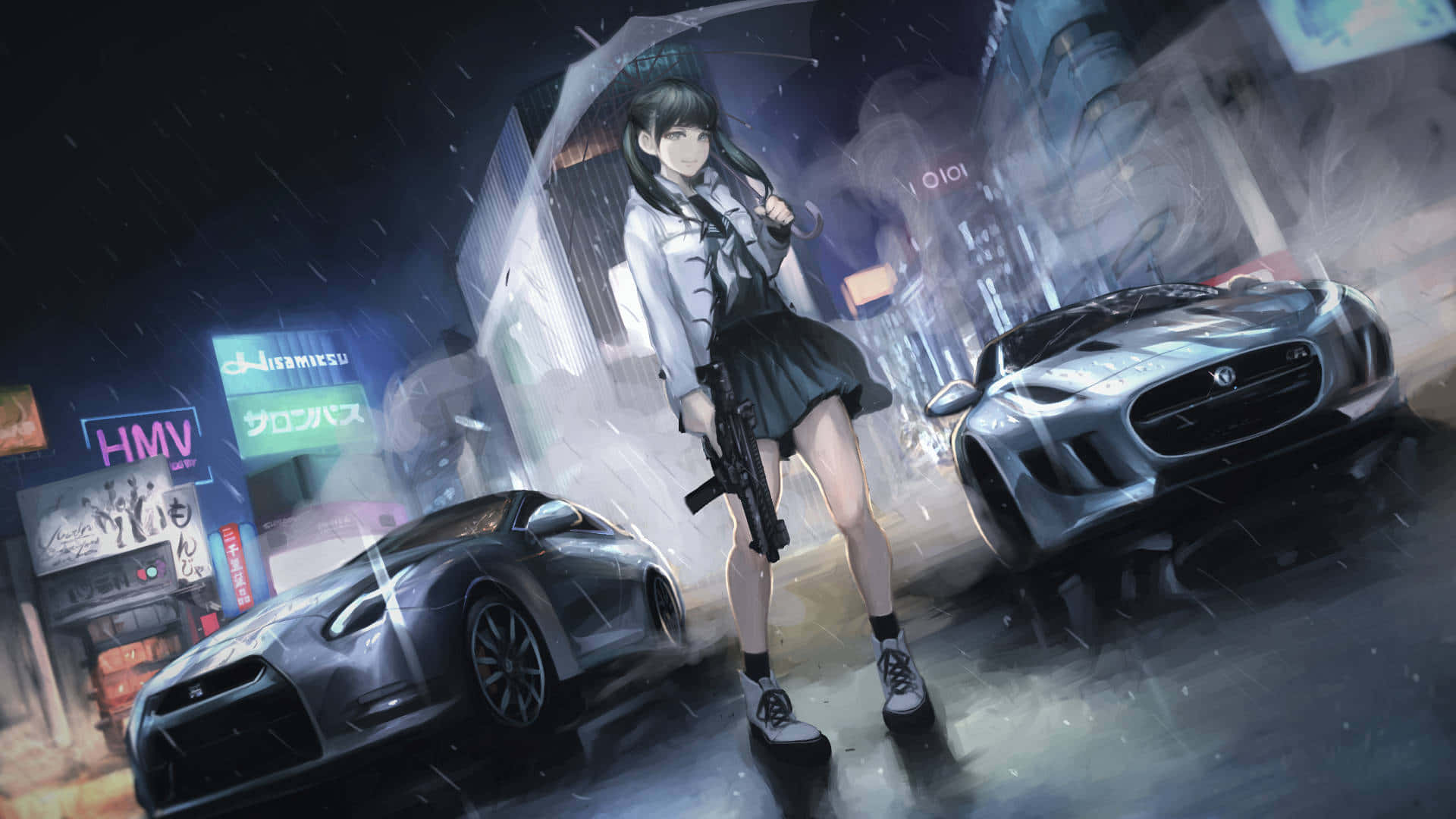 動漫車 桌布 壁紙 — 一個穿著校服的年輕動漫女孩在雨濕的霓虹燈城市街道上，兩旁是豪華跑車，她拿著雨傘和步槍。