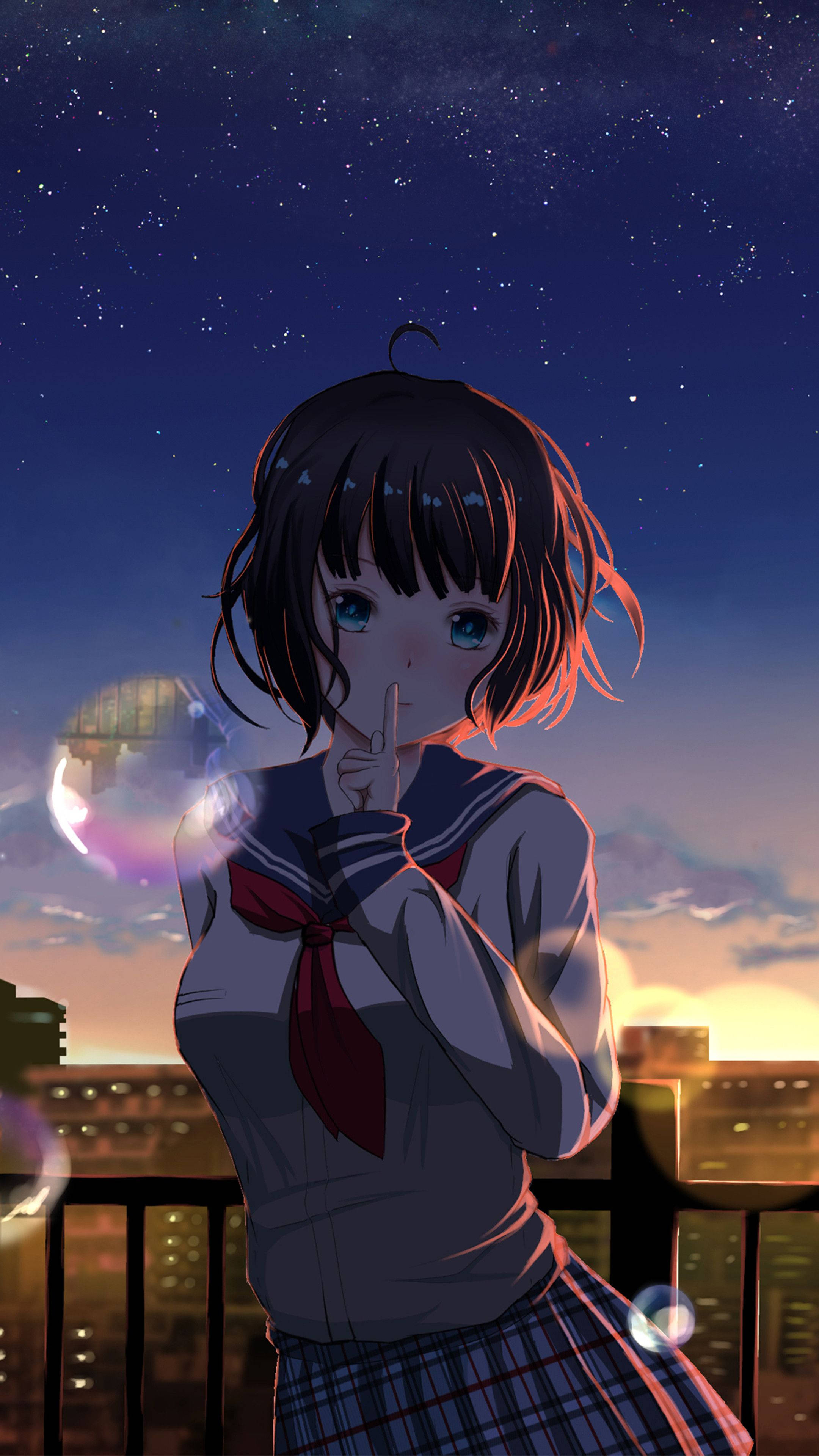 HD anime phone 桌布 壁紙 — 一個穿著校服的年輕動漫女孩在黃昏時站在屋頂上，在星空下形成剪影，周圍漂浮著發光的泡泡。