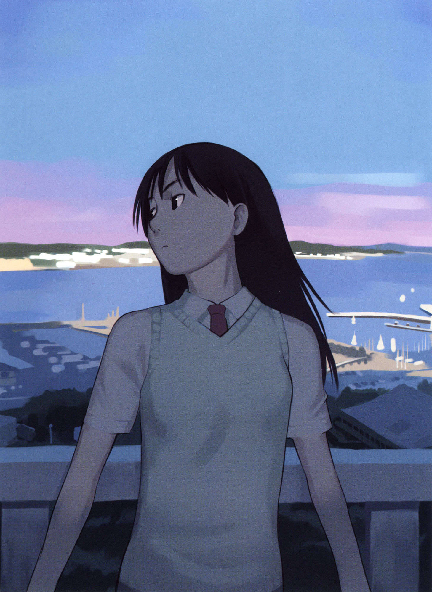 waves 桌布 壁紙 — 一個穿著校服的年輕動漫女孩在黃昏時分若有所思地凝視著沿海城市景觀。