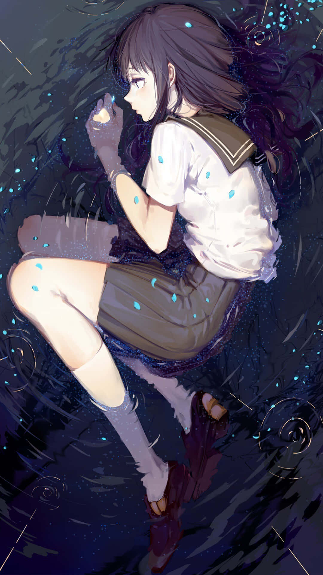 動漫 桌布 壁紙 — 一個穿著校服的年輕動漫女孩漂浮在黑暗的水中，手持一個被旋轉藍色粒子包圍的發光球體。