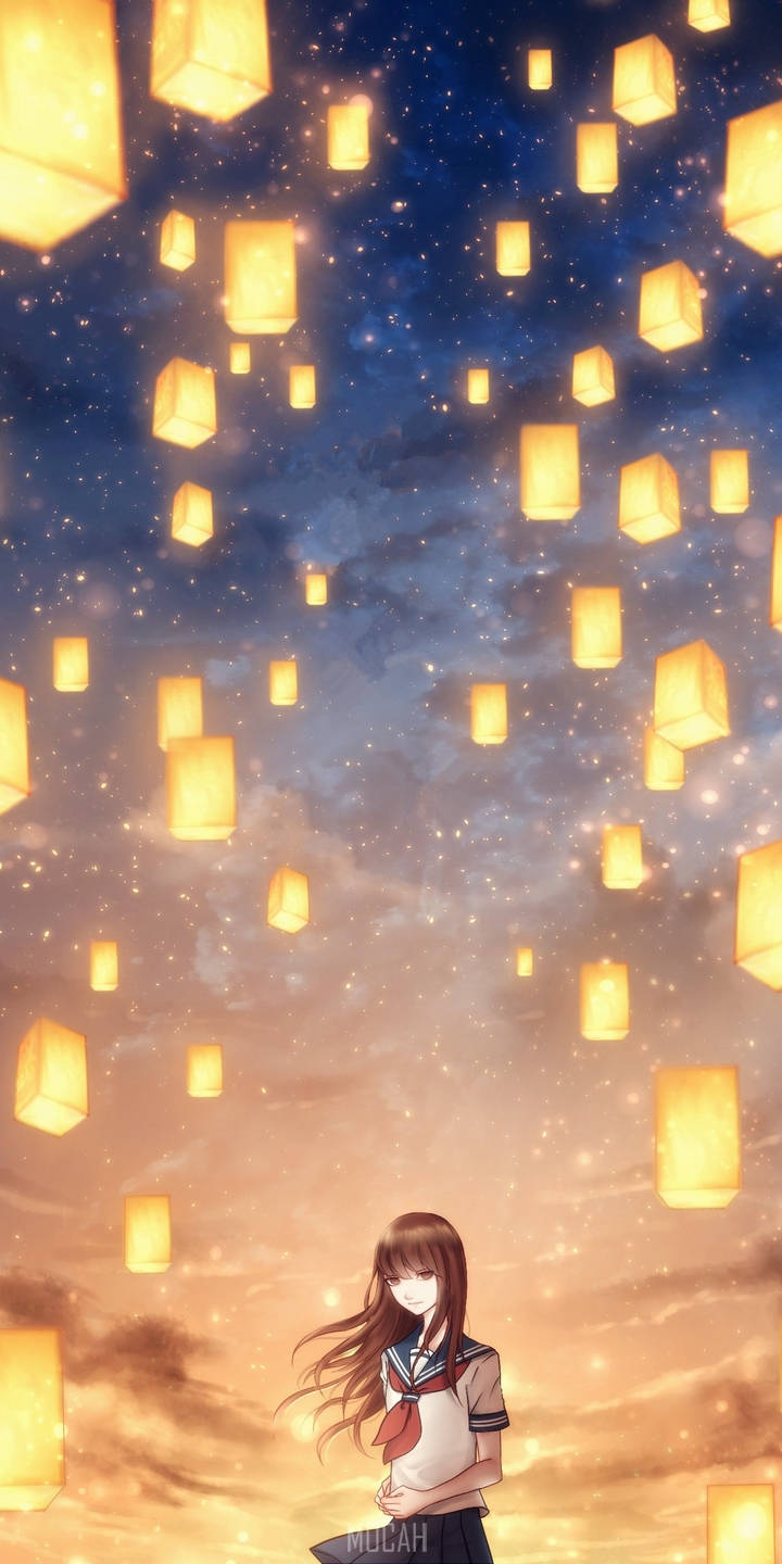 動漫女孩 桌布 壁紙 — 一個穿著校服的年輕動漫女孩站在暮色背景下，天空佈滿發光的漂浮燈籠。