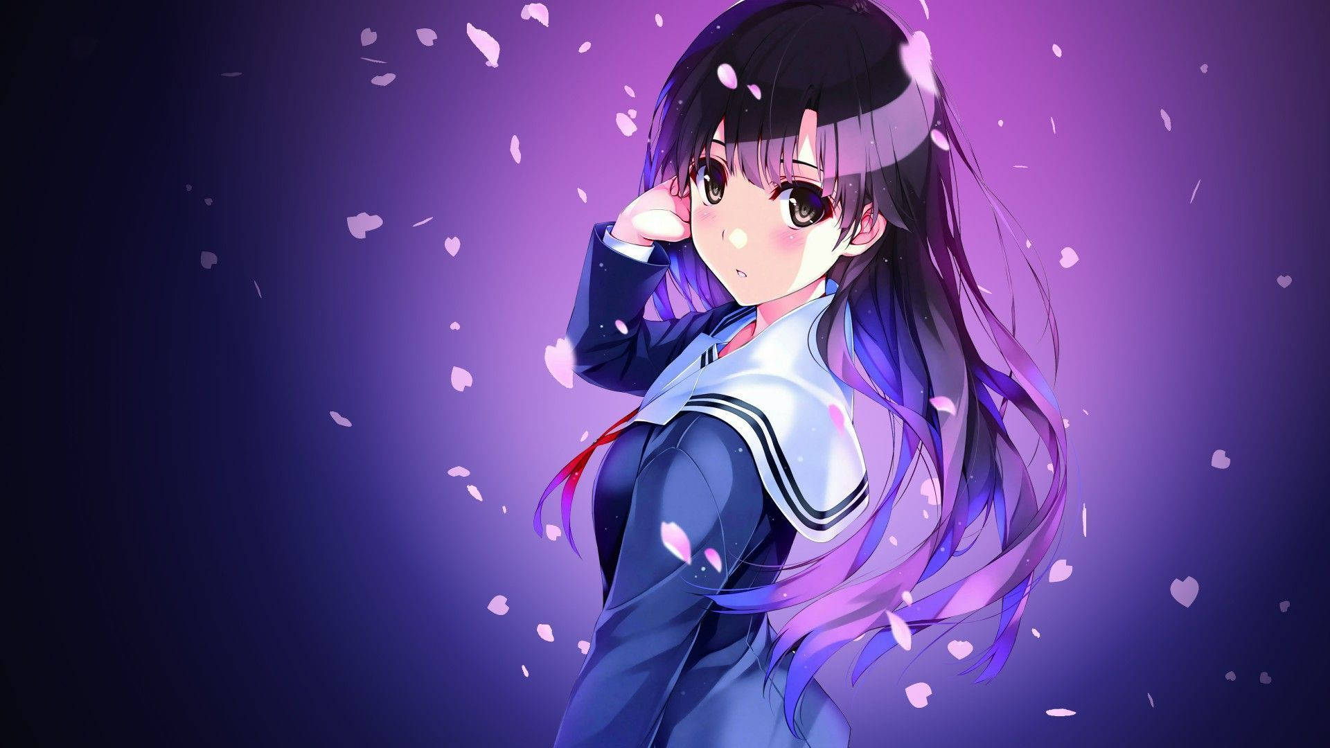 紫色動漫美學 桌布 壁紙 — 一個穿著校服的年輕動漫女孩站在紫色漸層背景上，周圍飄落著櫻花。