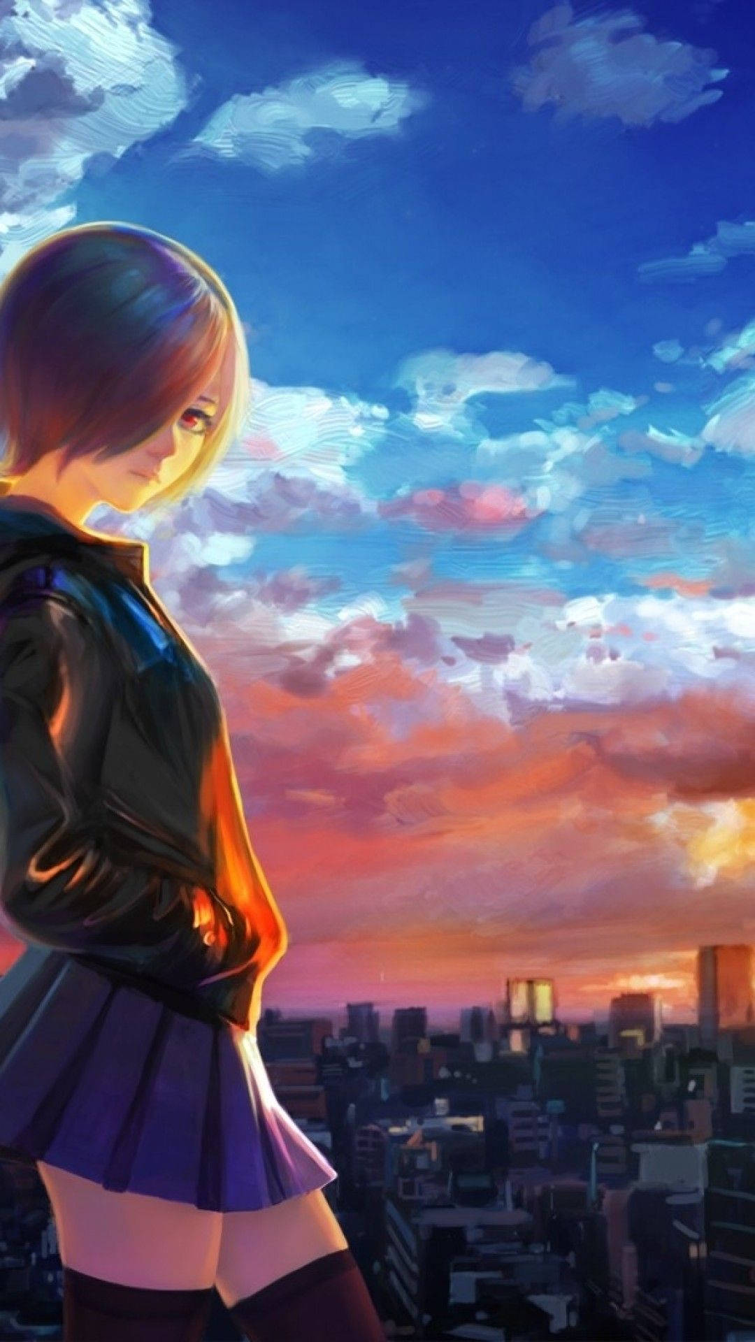 動漫女孩穿著校服在夕陽下俯瞰城市 — 東京喰種 iPhone 壁紙 壁紙