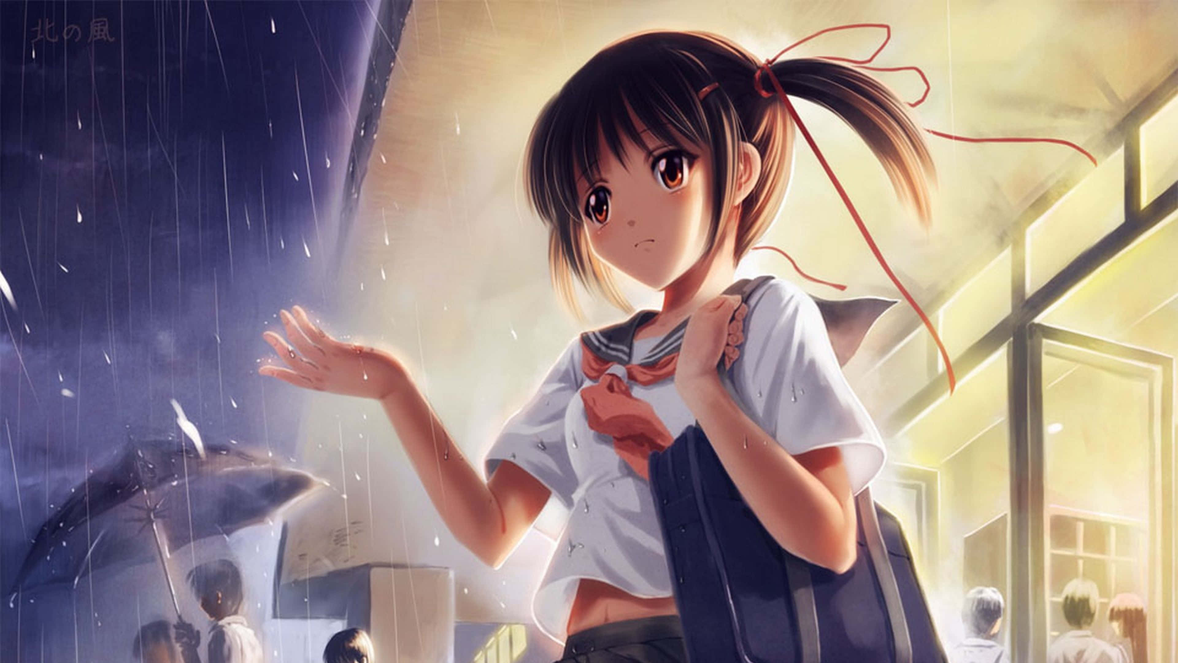 動漫 4K 桌布 壁紙 — 一個穿著校服的年輕動漫女孩站在雨中，伸出手，背後建築物發出溫暖的光芒。