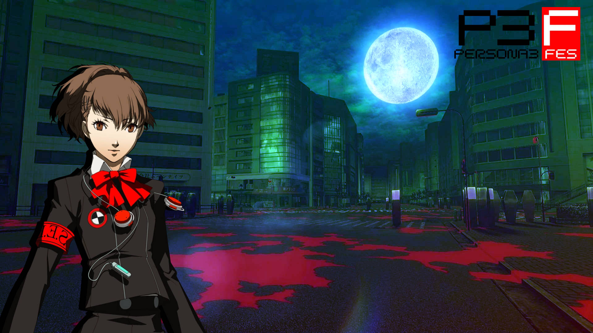 Persona 3 桌布 壁紙 — 一個穿著校服的年輕動漫女孩站在霓虹燈照亮的城市街道上，腳下的人行道上有紅色飛濺，頭頂是發光的藍色月亮。