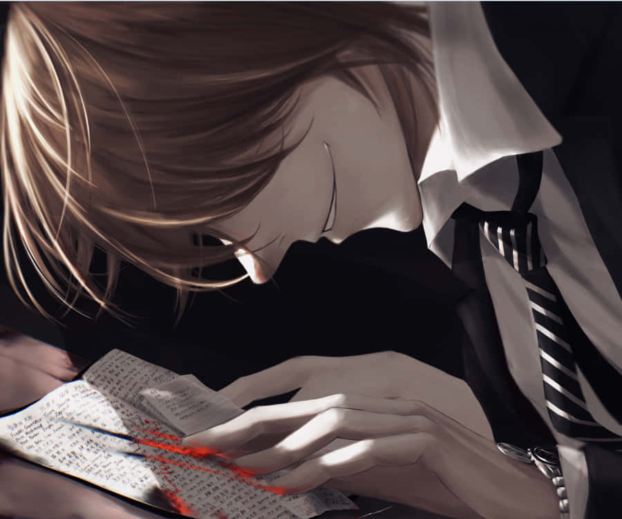 Light Yagami 桌布 壁紙 — 一個穿著校服的年輕動漫男孩在戲劇性的燈光下俯身在一本帶有紅色墨水標記的書上。