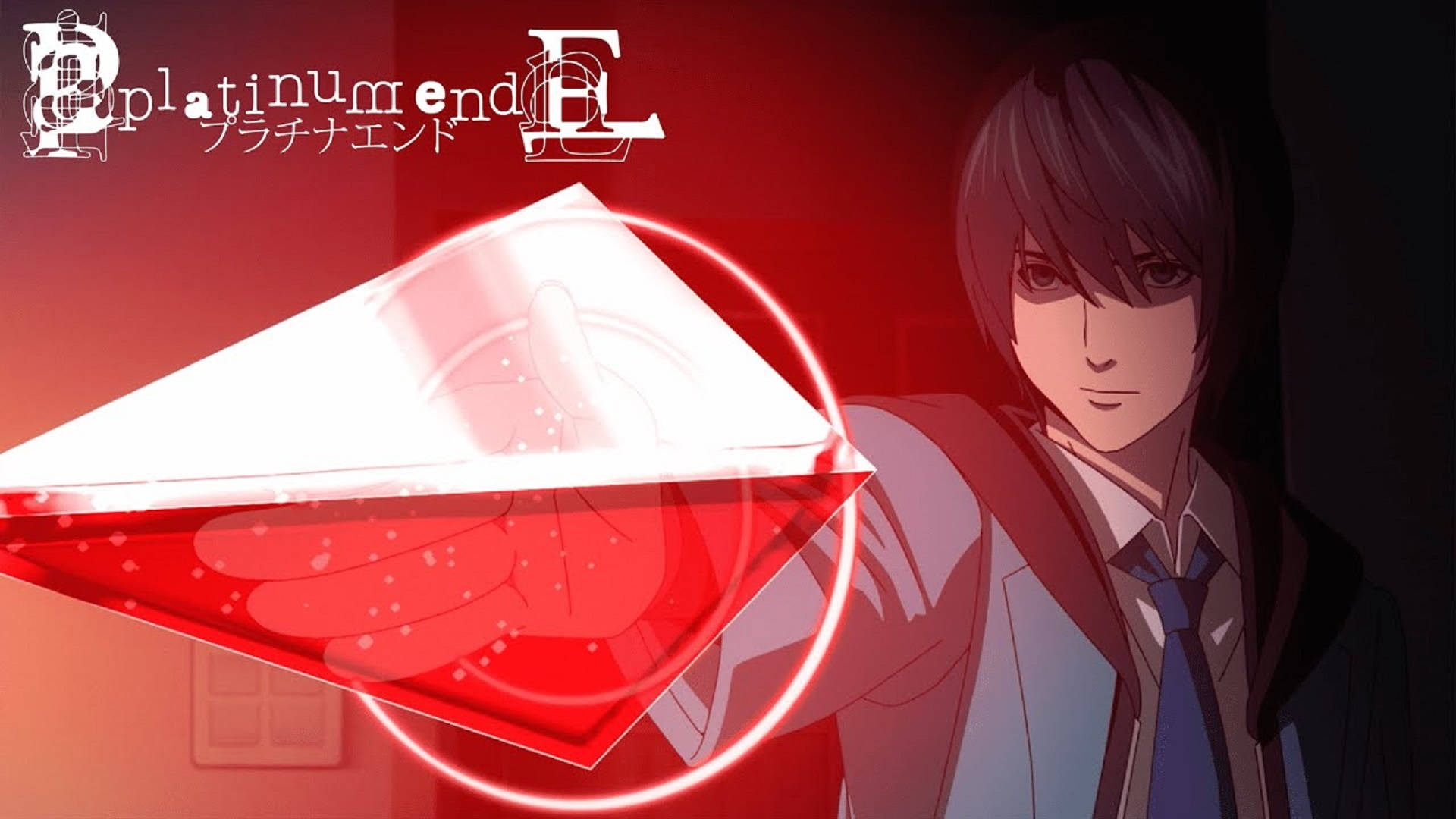 End 桌布 壁紙 — 一個穿著校服的年輕動漫男孩在深紅色背景上拿著一個發光的紅色鑽石形物體。